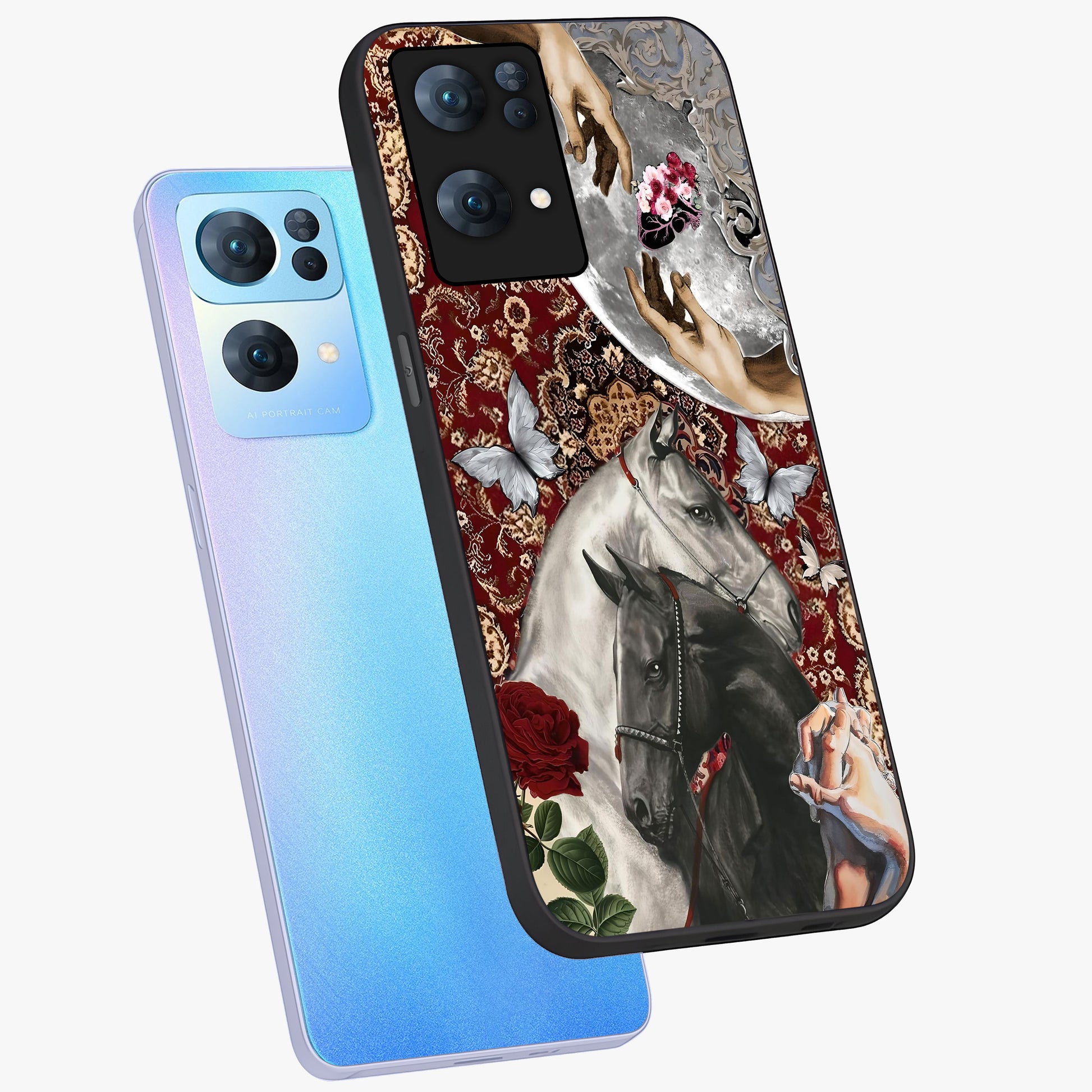 Moonlit Royal Stallion Glass Case displayed in angled mockup highlighting powerful stallion illustration with royal night aesthetic.