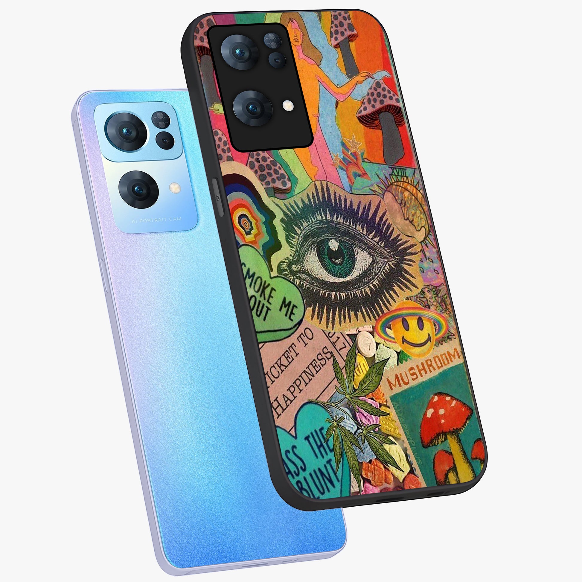 Mystic Eye Wonderland Glass Case displayed in angled mockup highlighting magical eye illustration with dreamy aesthetic.