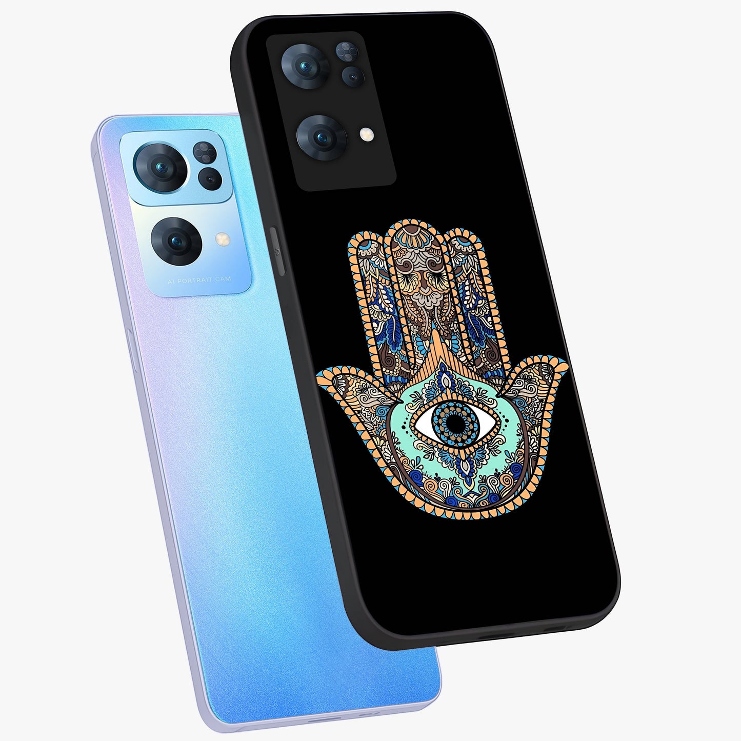 Mystic Hamsa Eye Glass Case displayed in angled mockup highlighting spiritual hamsa symbol with mystical aesthetic style.