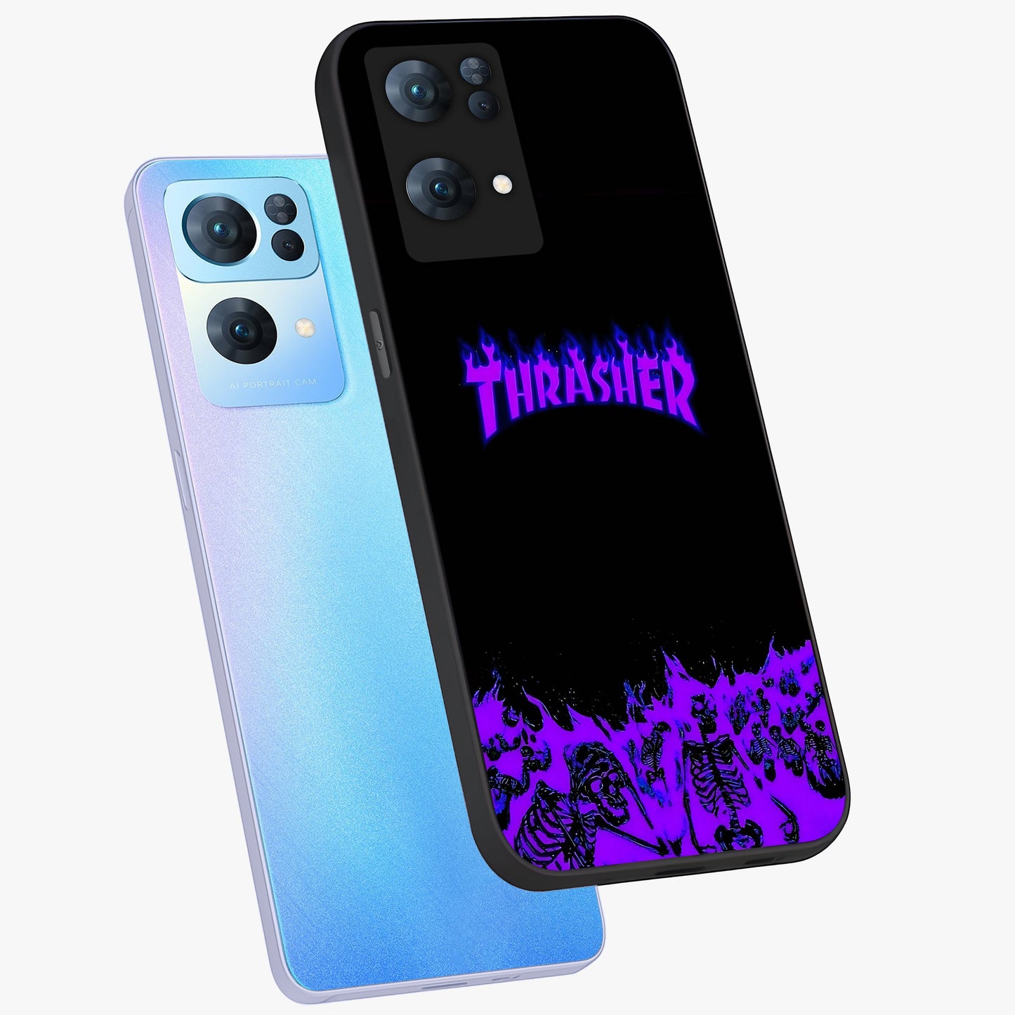 Neon Flame Riot Glass Case displayed in angled mockup highlighting glowing flame design with vibrant neon aesthetic.
