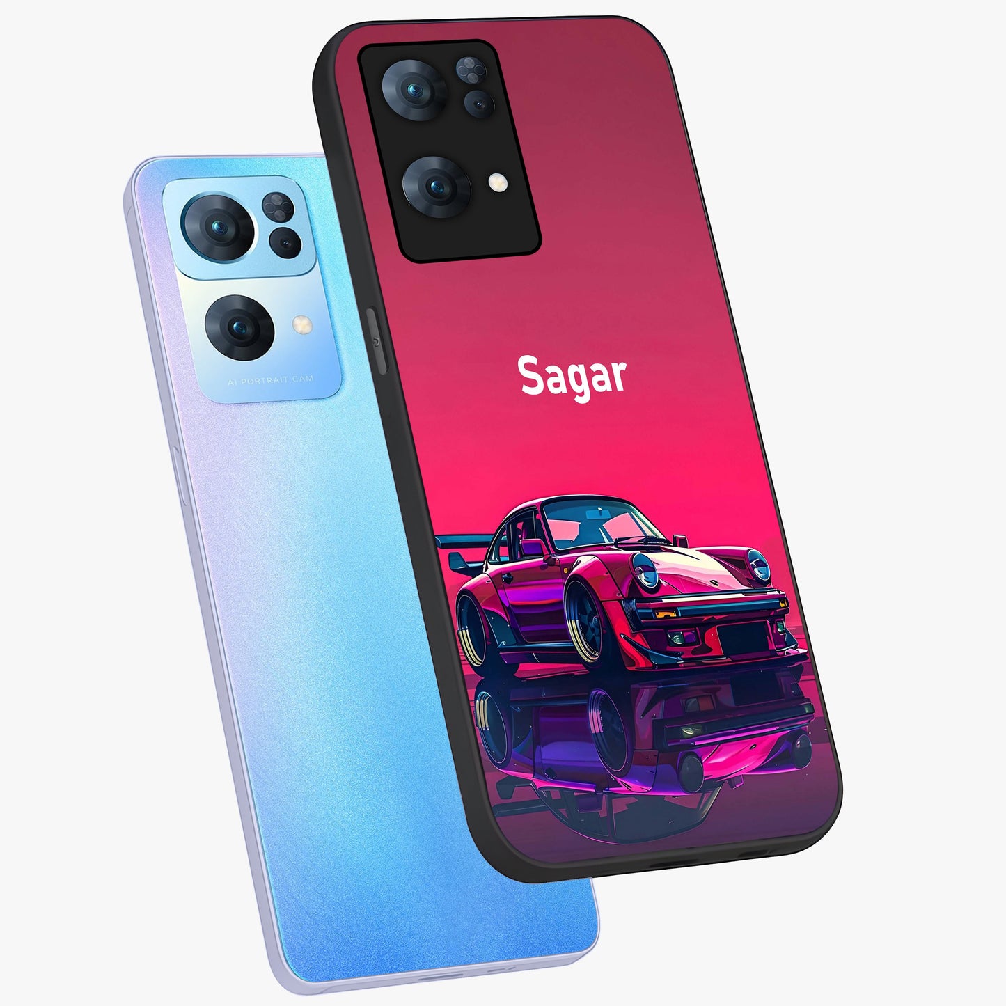 Neon Pink Porsche Glass Case displayed in angled mockup highlighting sleek neon pink car design with racing aesthetic.
