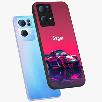 Neon Pink Porsche Glass Case displayed in angled mockup highlighting sleek neon pink car design with racing aesthetic.