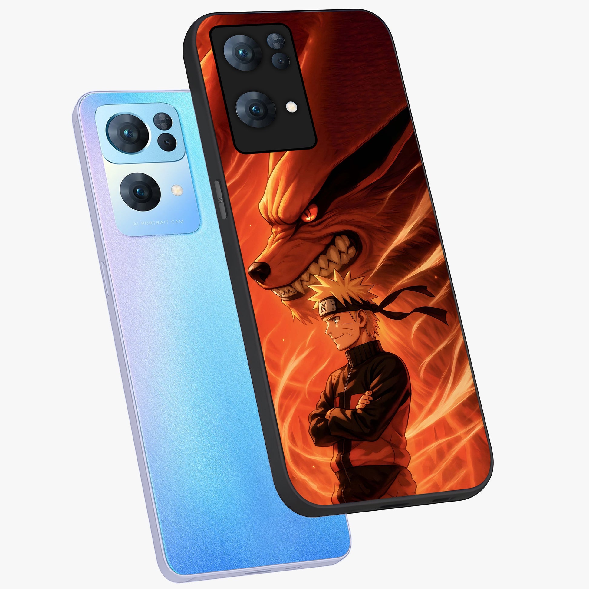 Nine Tails Legacy Glass Case displayed in angled mockup highlighting dynamic anime beast illustration with bold mystical aesthetic.