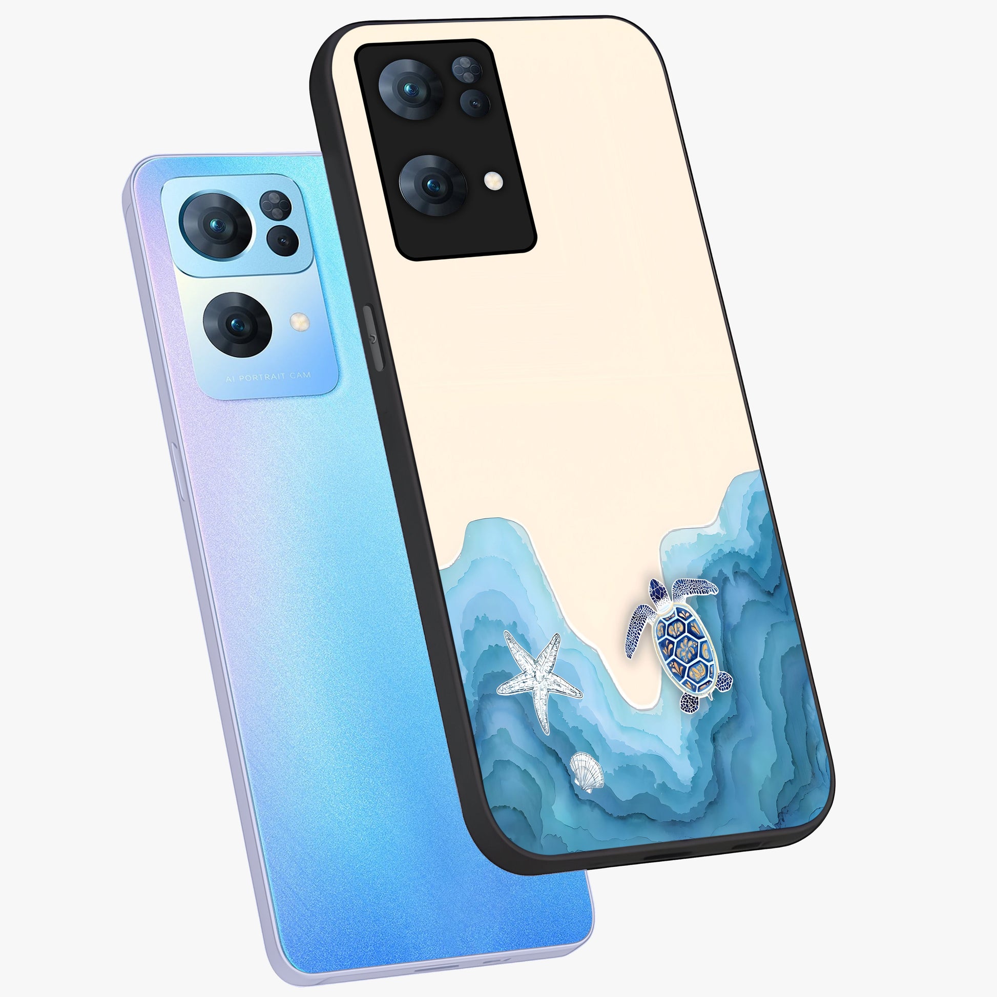 Ocean Drift Turtle Glass Case displayed in angled mockup highlighting peaceful ocean turtle illustration with marine aesthetic.