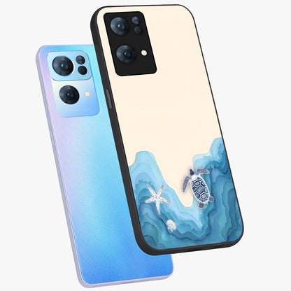 Ocean Drift Turtle Glass Case displayed in angled mockup highlighting peaceful ocean turtle illustration with marine aesthetic.