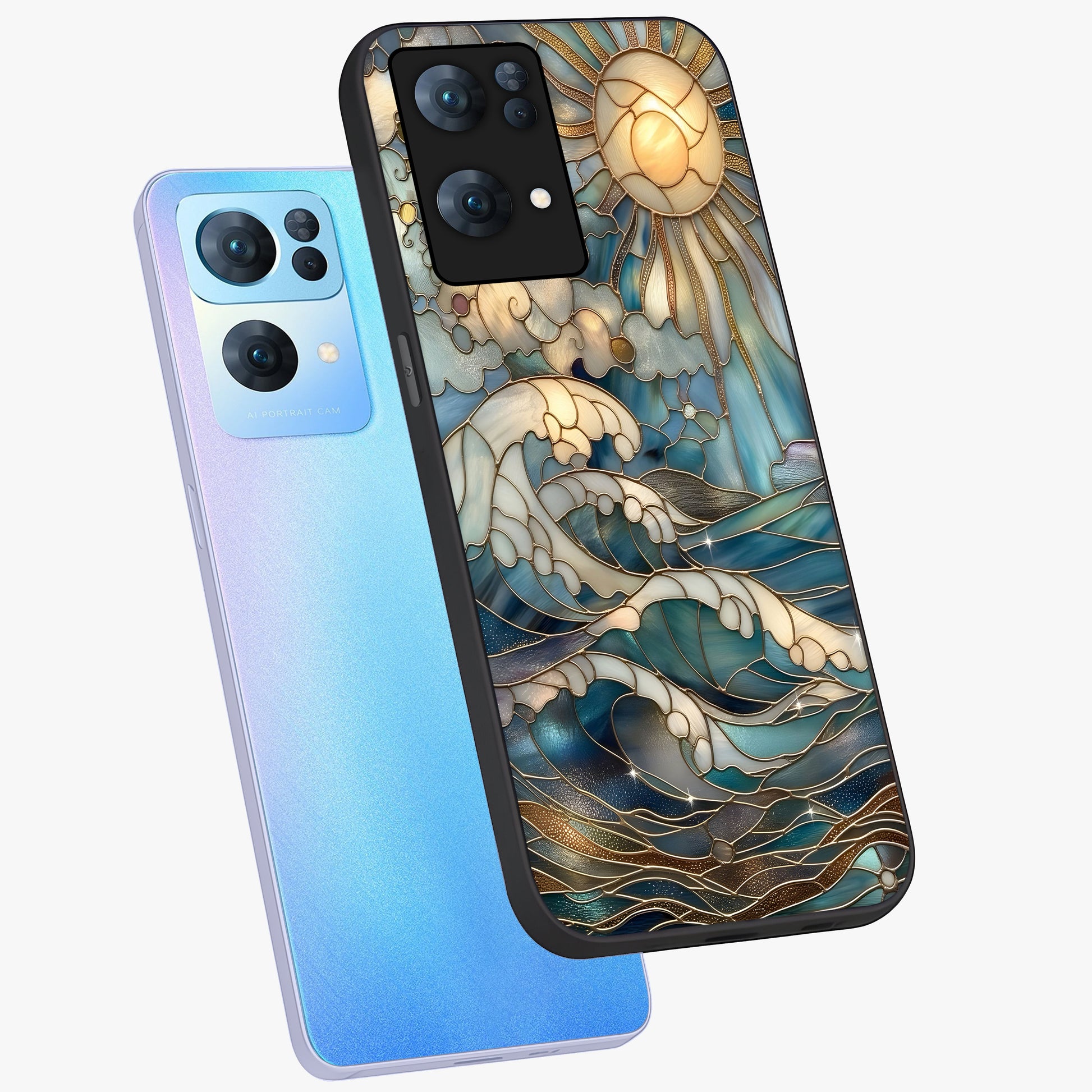 Oceanic Stained Printed Glass Case displayed in angled mockup highlighting colorful aquatic design with artistic aesthetic style.