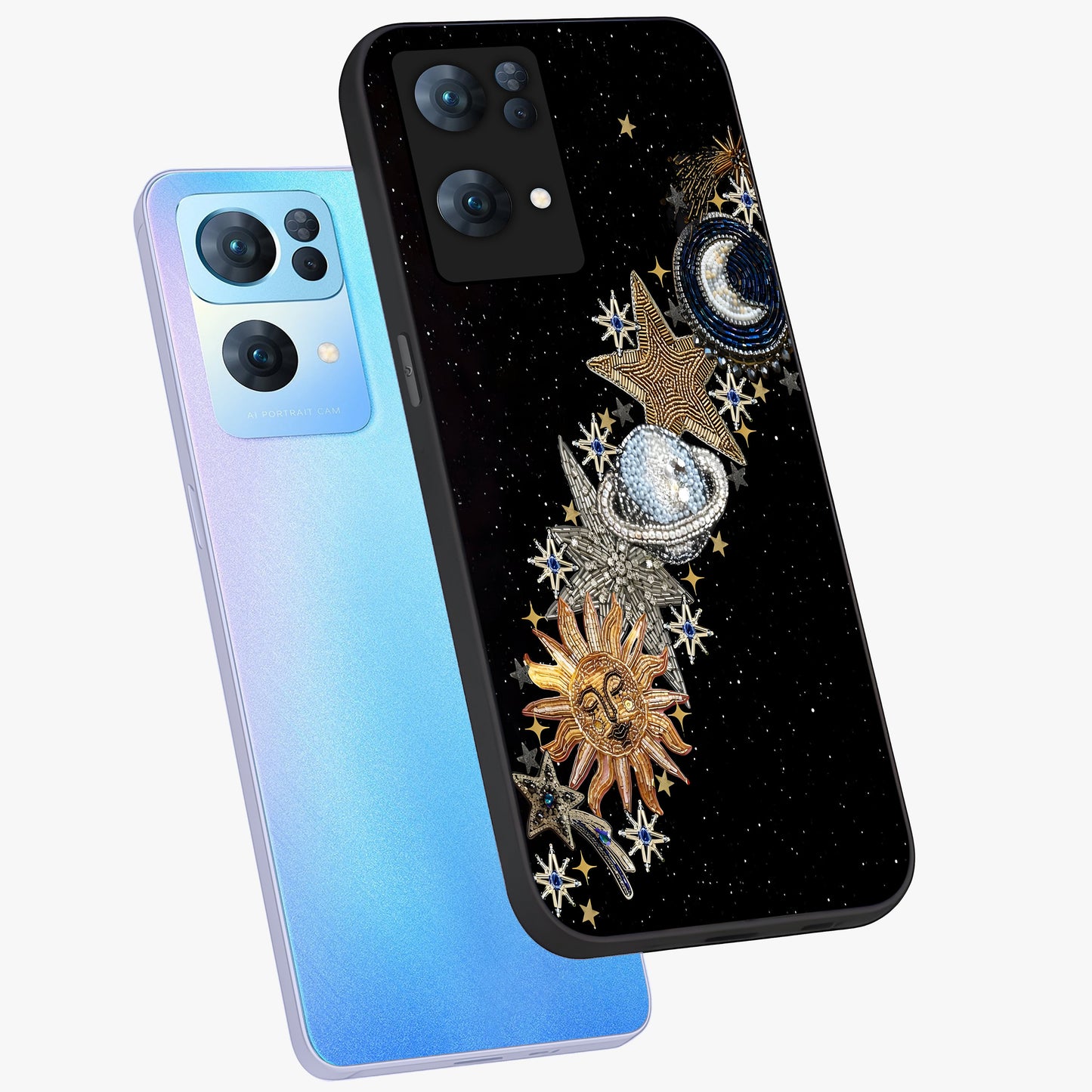 Pearls Universe Object Glass Case displayed in angled mockup highlighting celestial pearl design with dreamy aesthetic.