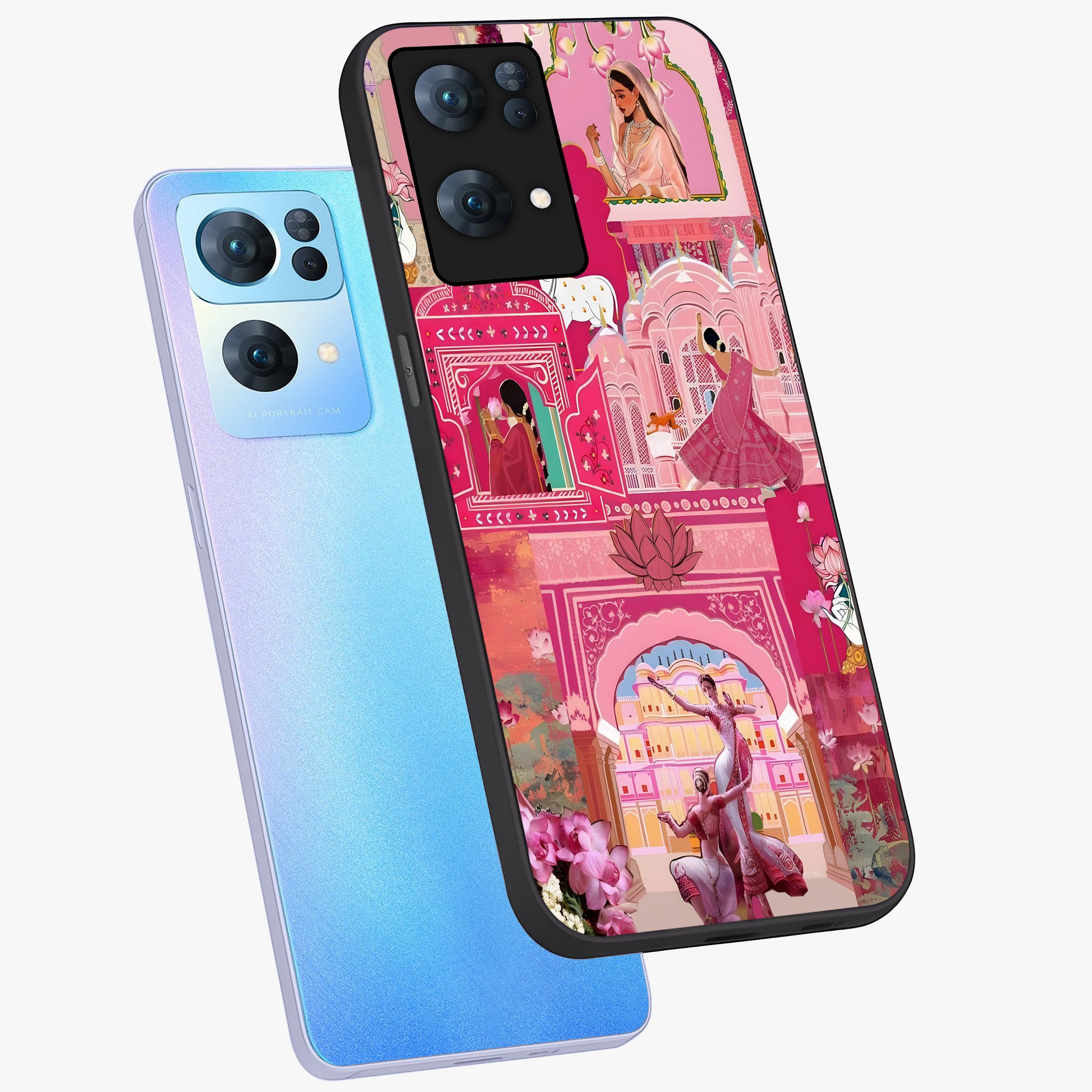 Pink Palace Muse Glass Case displayed in angled mockup highlighting dreamy palace illustration with soft pink aesthetic.