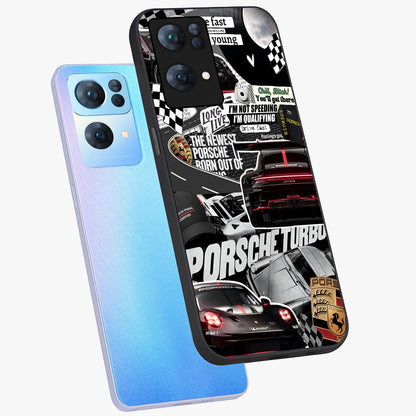 Porsche Racing Collage Glass Case displayed in angled mockup highlighting dynamic automotive design with bold racing aesthetic.