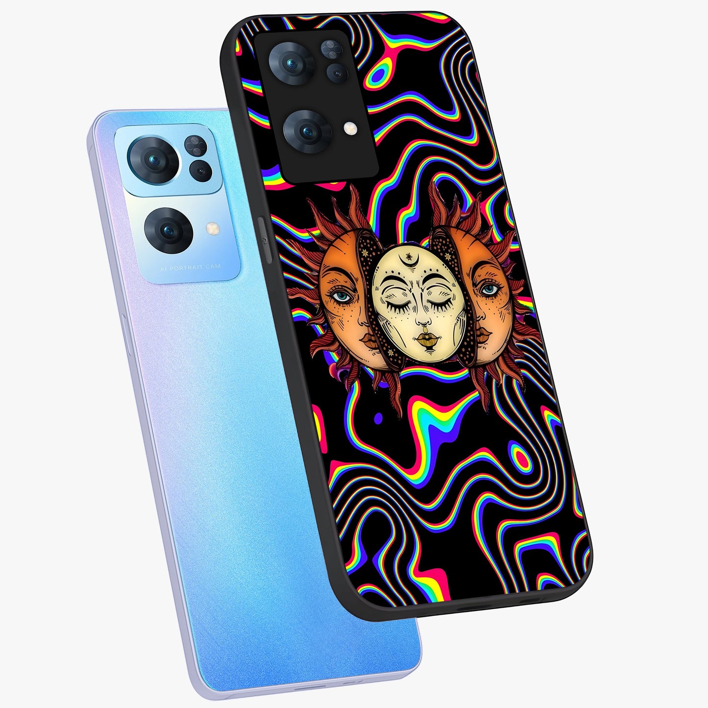 Psychedelic Sun Glass Case displayed in angled mockup highlighting vibrant abstract sun design with artistic aesthetic style.
