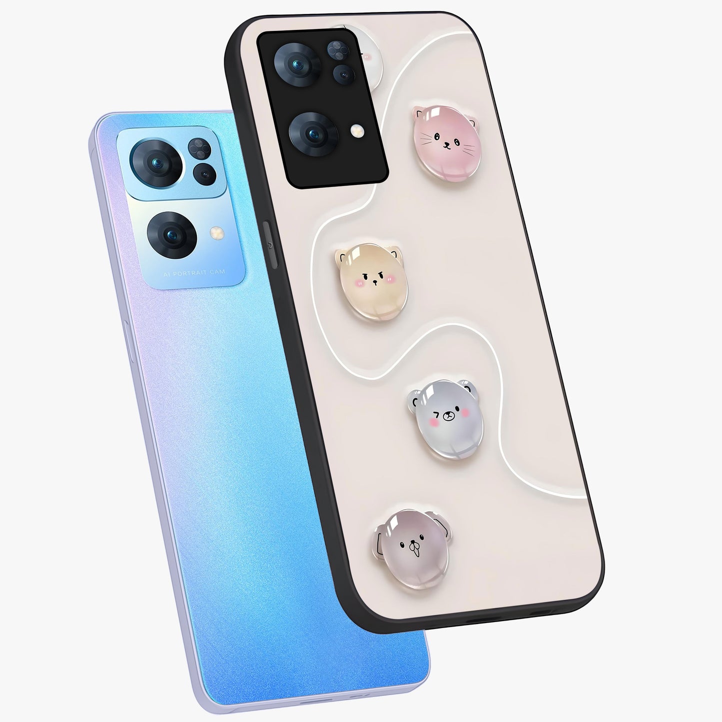 Puffy Face Parade Glass Case displayed in angled mockup highlighting playful cartoon face design with fun aesthetic.