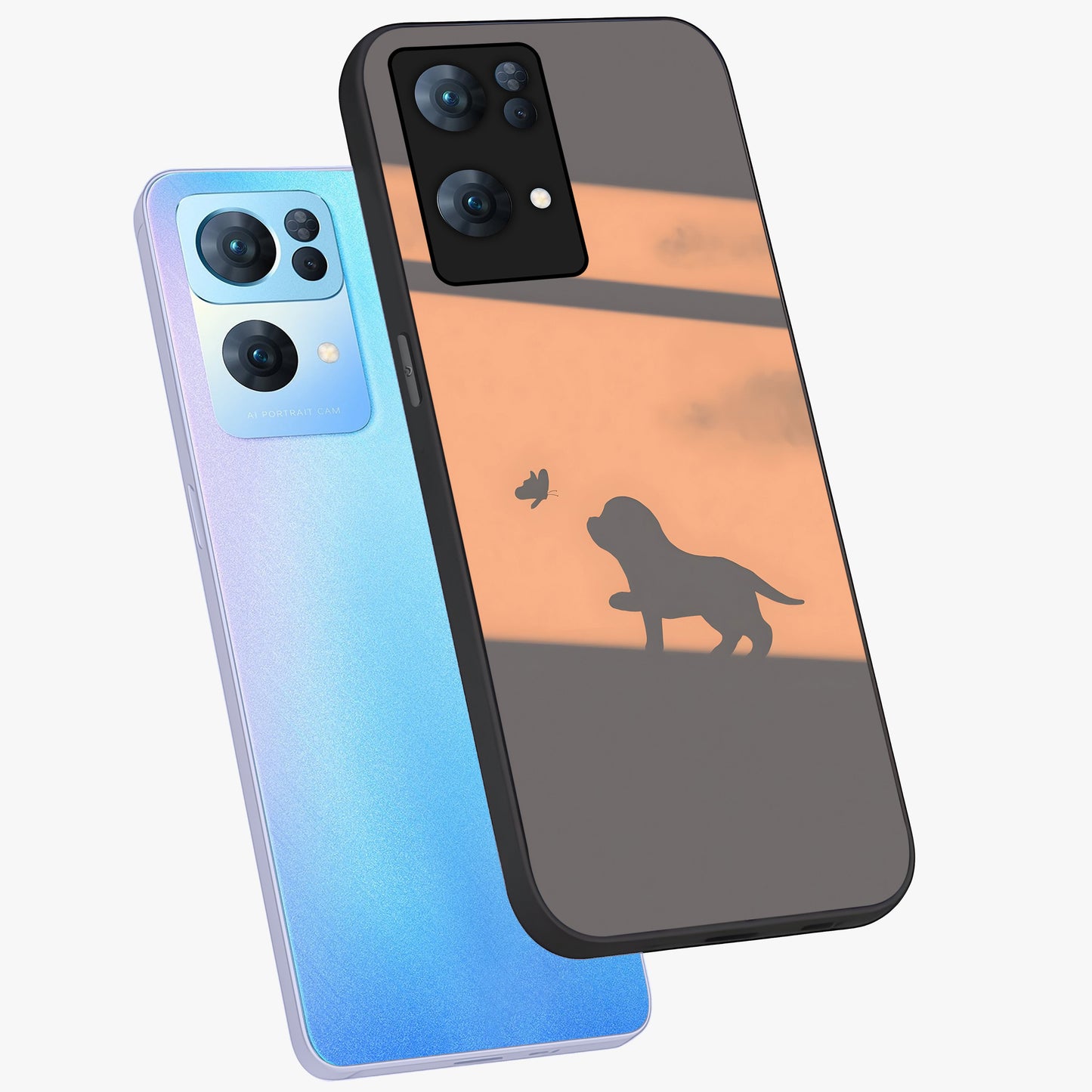 Puppy Shadow Art Glass Case displayed in angled mockup highlighting playful dog illustration with artistic shadow aesthetic.