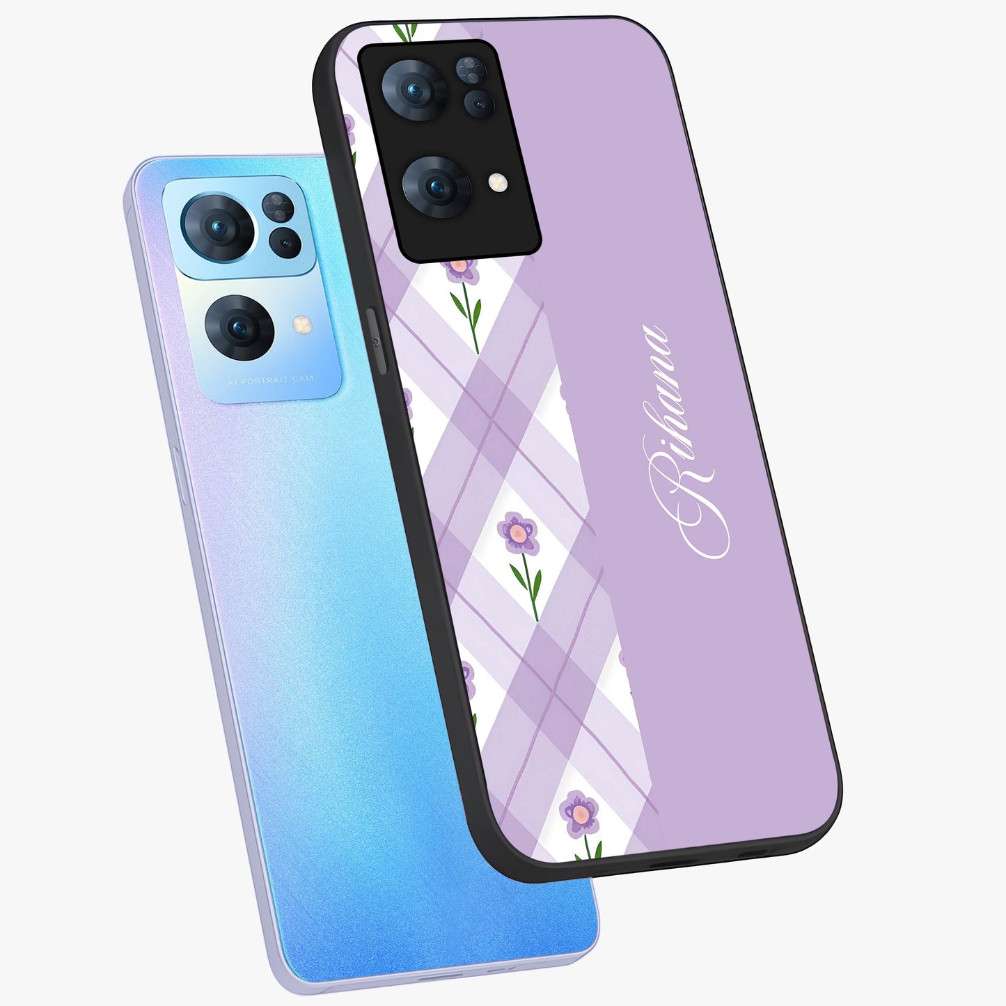 Purple Diamond Floral Glass Case displayed in angled mockup highlighting elegant purple flower design with decorative pattern.