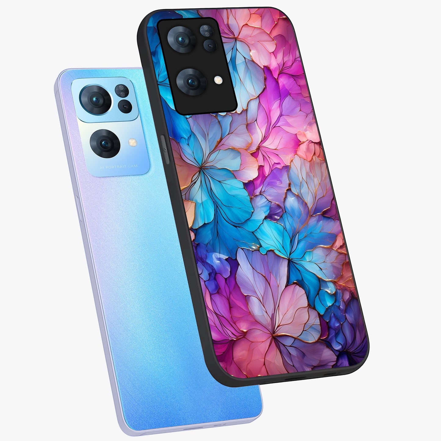 Radiant Floral Whirl Glass Case displayed in angled mockup highlighting vibrant flower pattern with dynamic artistic aesthetic.