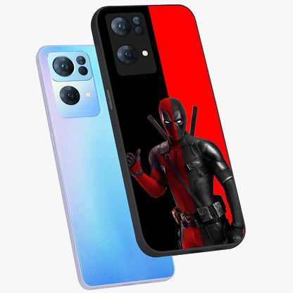 Red & Black Deadpool Theme Glass Case displayed in angled mockup highlighting vibrant superhero style illustration with action aesthetic.