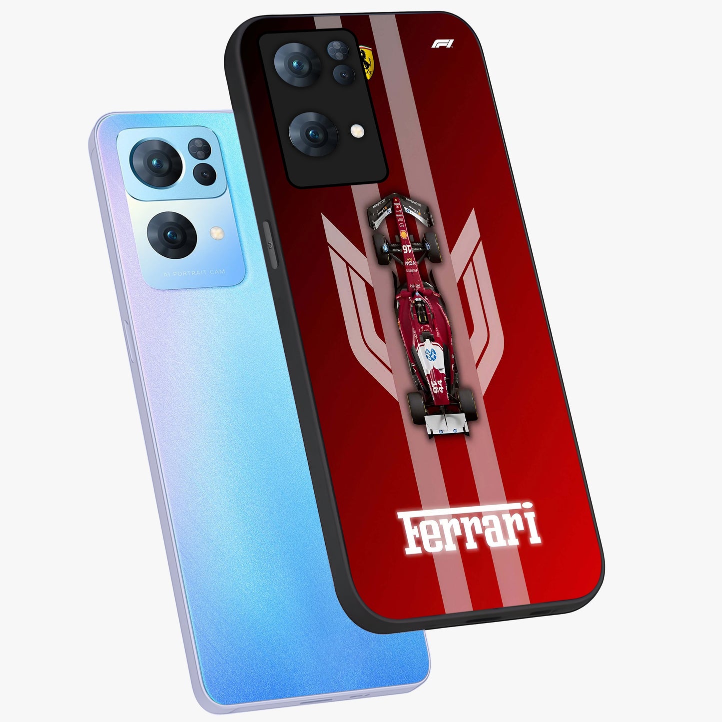 Red Ferrari F1 Vertical Glass Case displayed in angled mockup highlighting high speed racing design with bold automotive aesthetic.