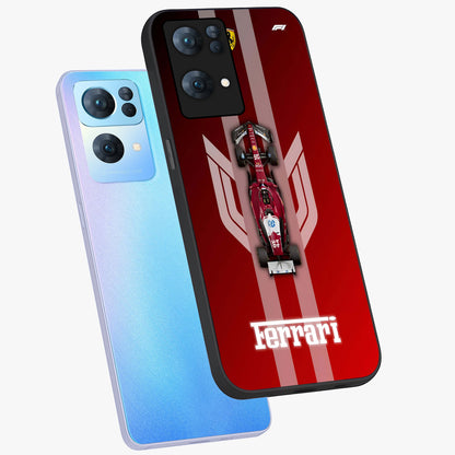 Red Ferrari F1 Vertical Glass Case displayed in angled mockup highlighting high speed racing design with bold automotive aesthetic.