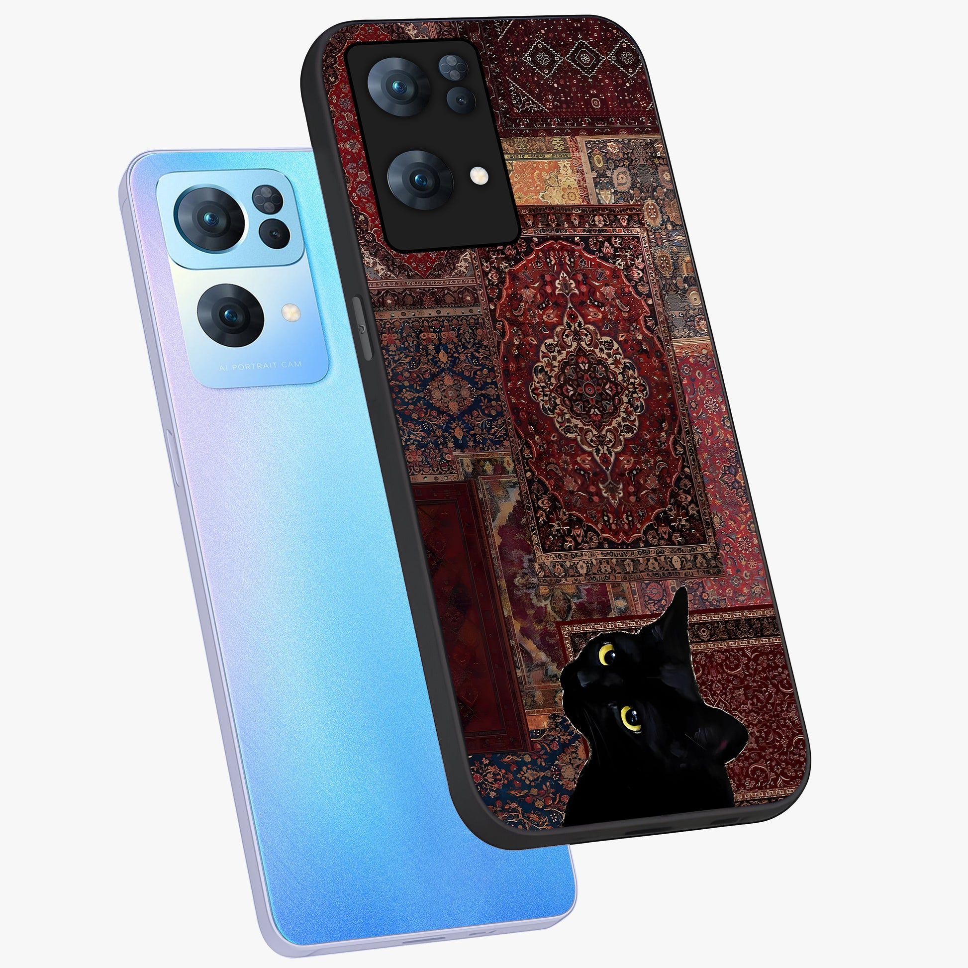 Regal Magic Cat Apple Glass Case displayed in angled mockup highlighting whimsical feline design with fantasy aesthetic.