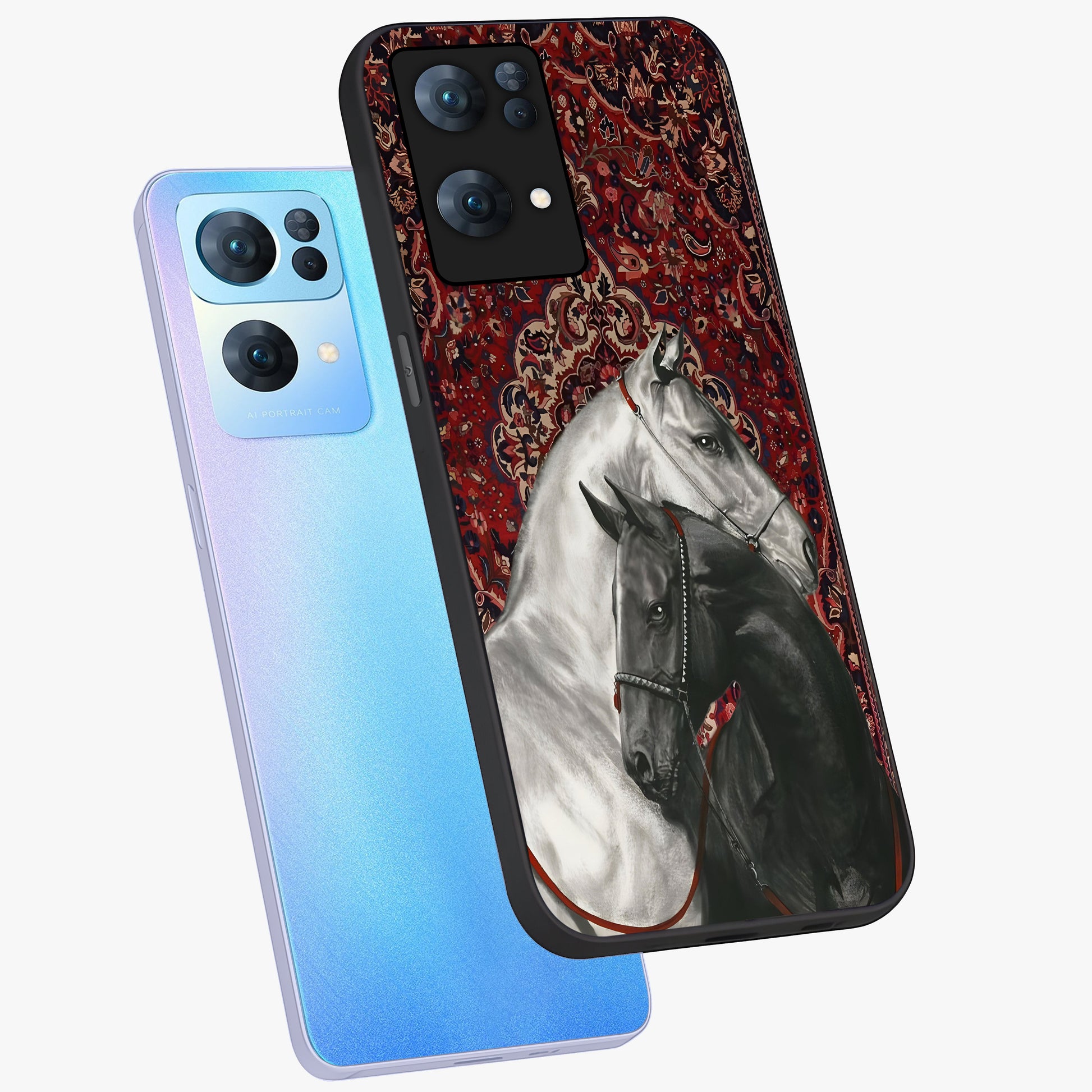 Regal Stallion Tapestry Glass Case displayed in angled mockup highlighting royal stallion design with decorative heritage aesthetic.