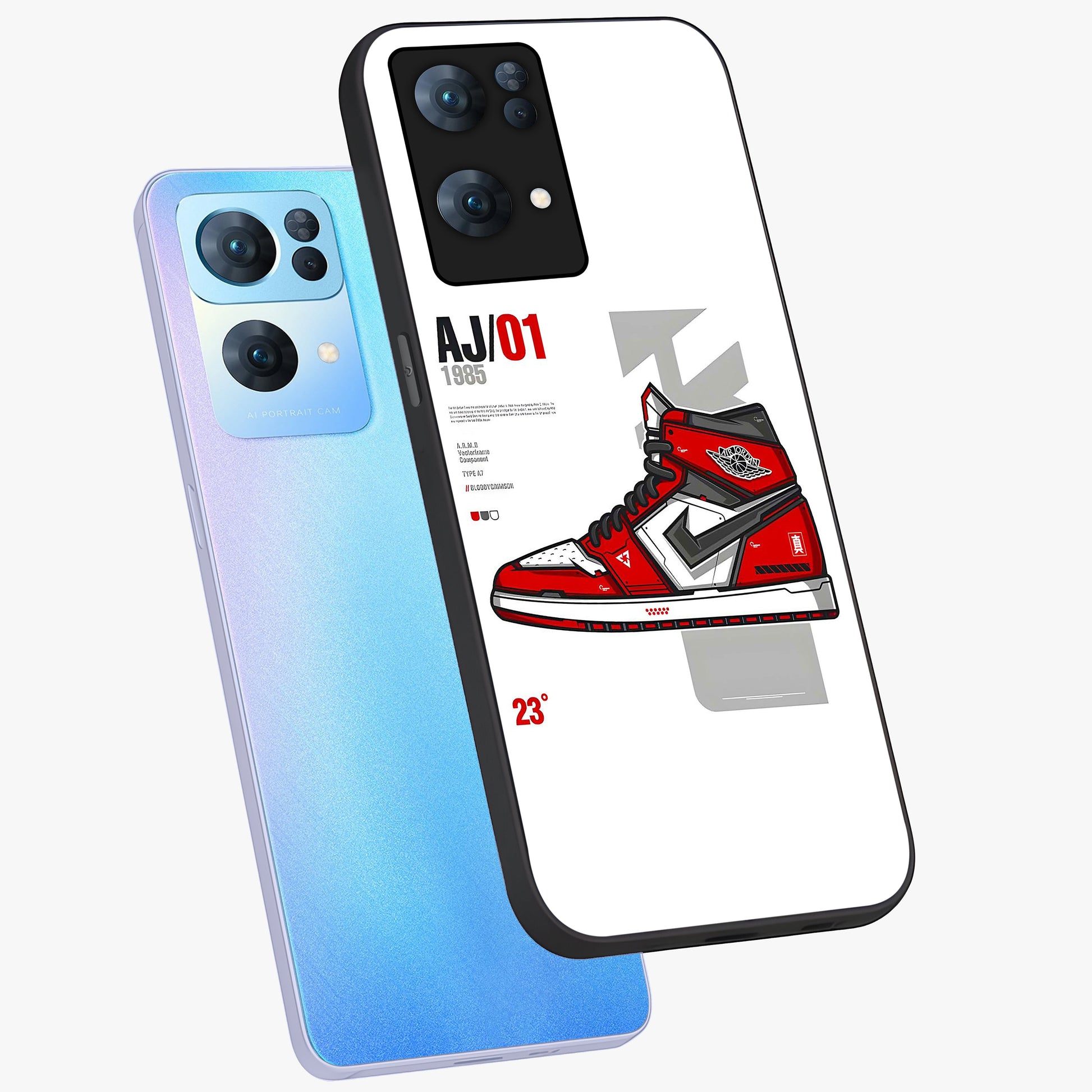 Retro Sneaker Blueprint Glass Case displayed in angled mockup highlighting detailed shoe design with sporty retro aesthetic.