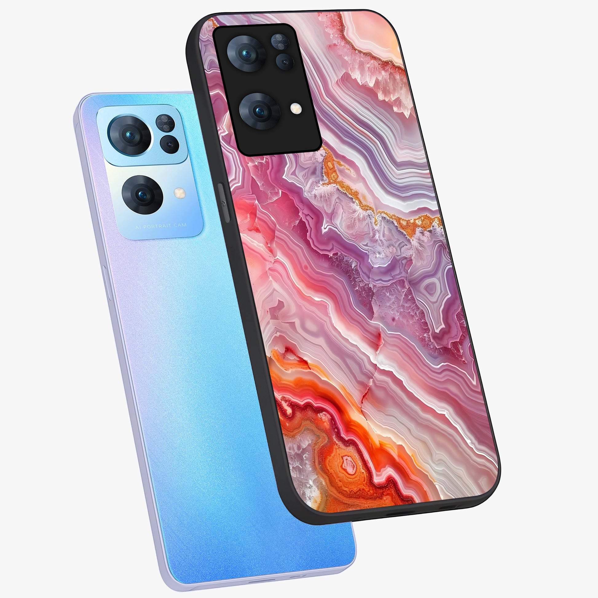 Rose Quartz Marble Glass Case displayed in angled mockup highlighting elegant marble pattern with soft aesthetic style.