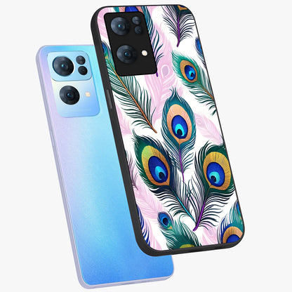 Royal Peacock Feathers Glass Case displayed in angled mockup highlighting vibrant feather pattern with regal aesthetic style.