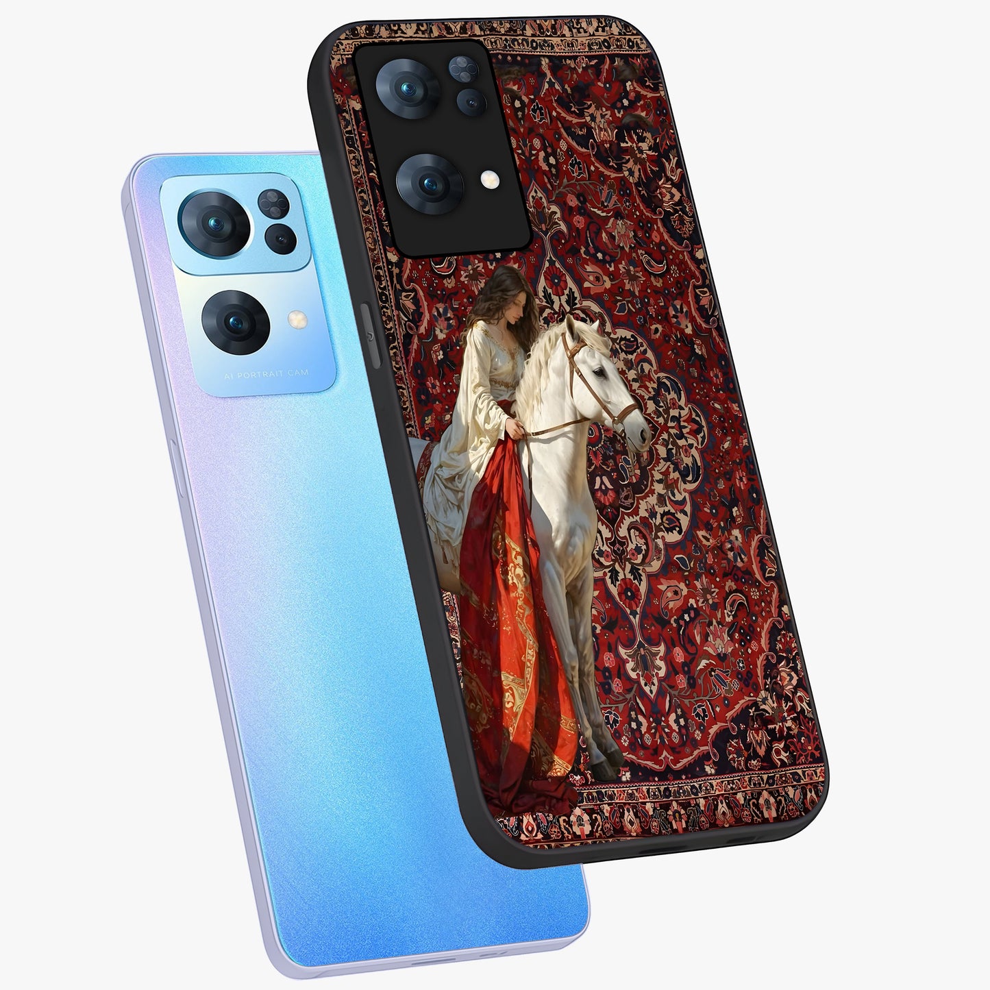Royal Rider Tapestry Glass Case displayed in angled mockup highlighting traditional tapestry design with royal heritage aesthetic.