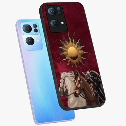 Solar Riders Glass Case displayed in angled mockup highlighting powerful rider illustration with radiant solar aesthetic.