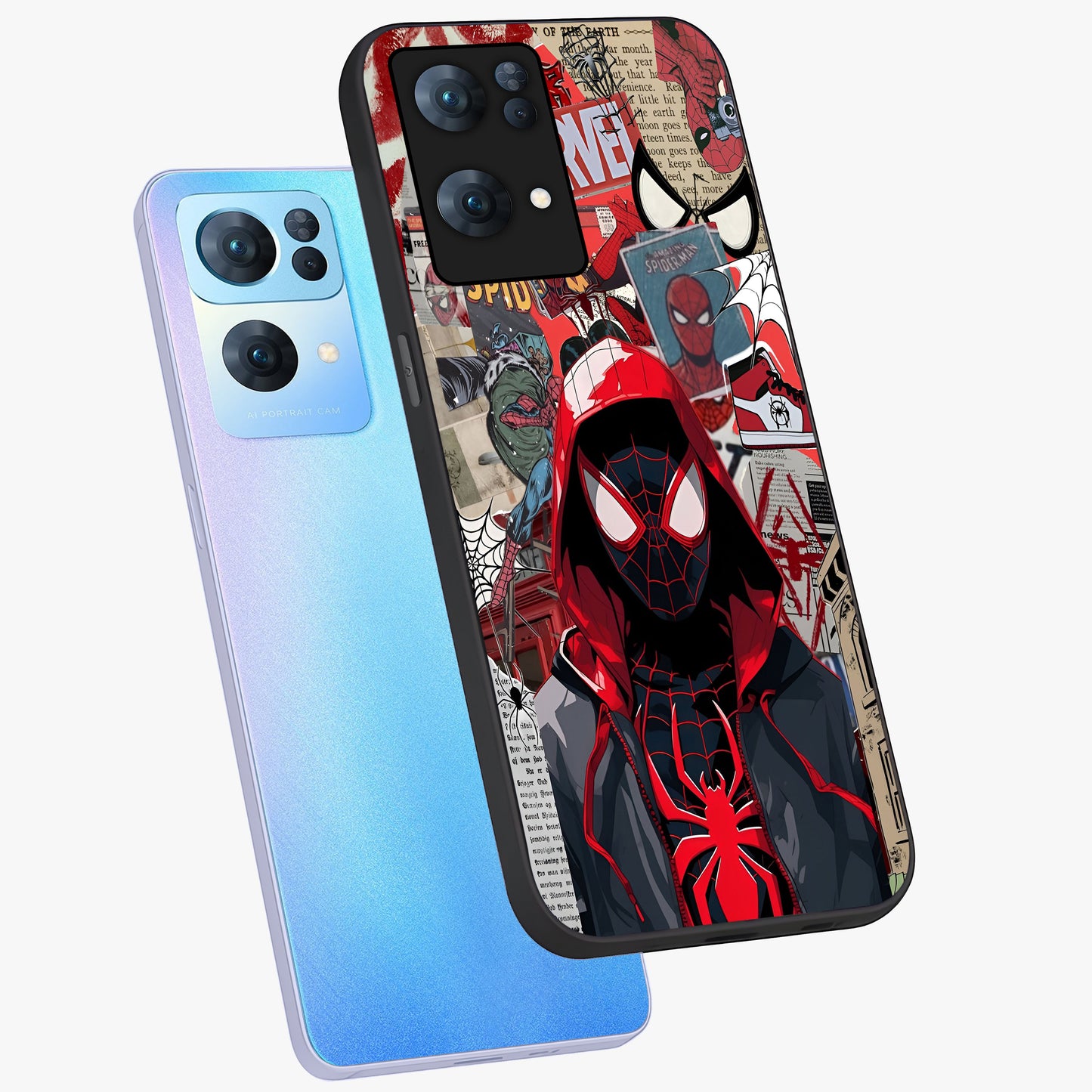 Spider Collage Street Glass Case displayed in angled mockup highlighting dynamic street style collage design with comic aesthetic.
