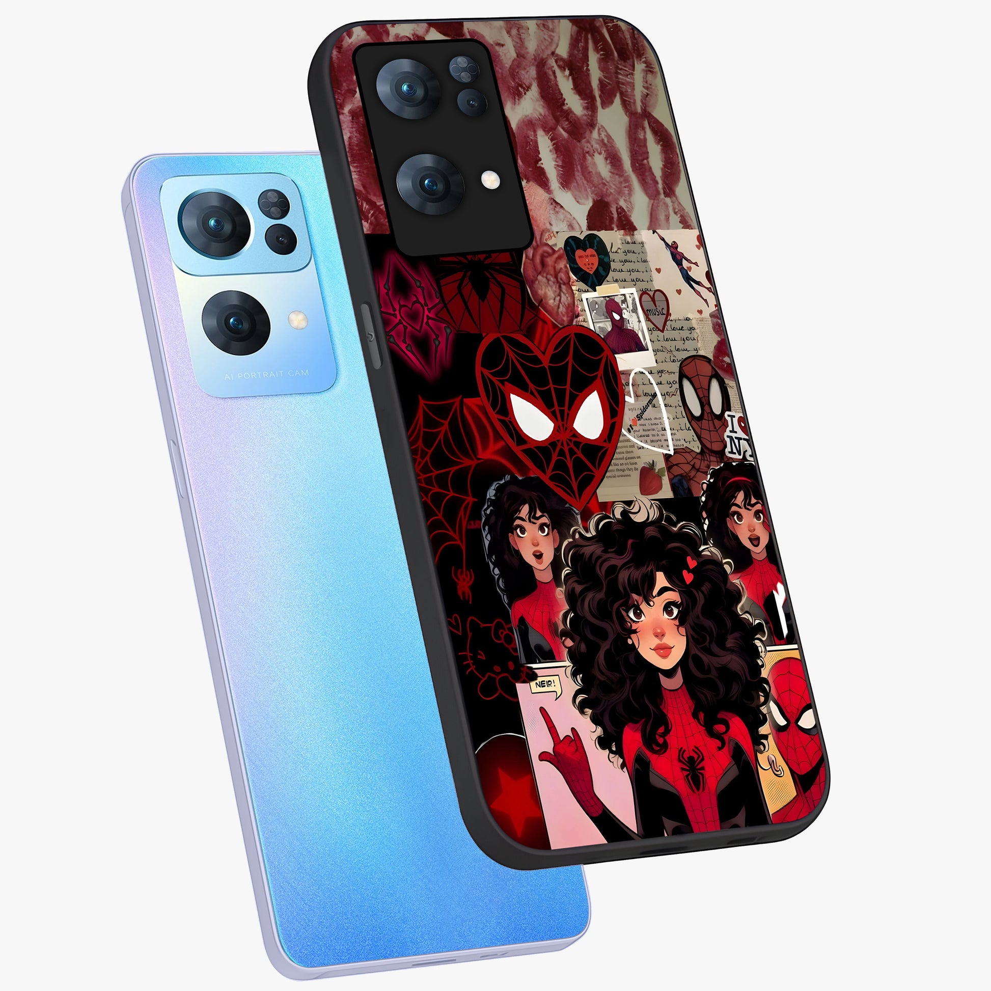 Spider Love Story Glass Case displayed in angled mockup highlighting expressive comic inspired design with playful aesthetic.