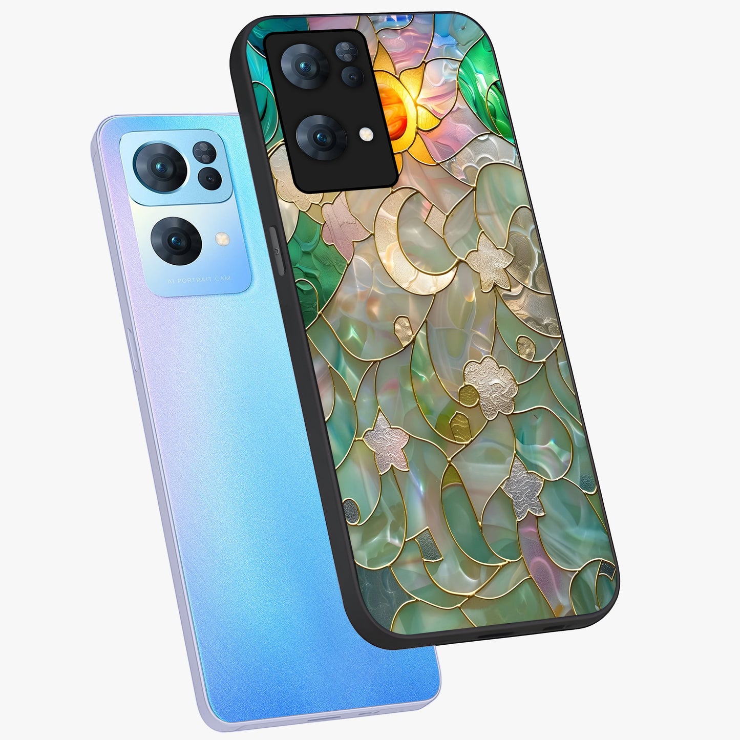 Stained Sunrise Glow Glass Case displayed in angled mockup highlighting radiant sunrise design with artistic aesthetic style.