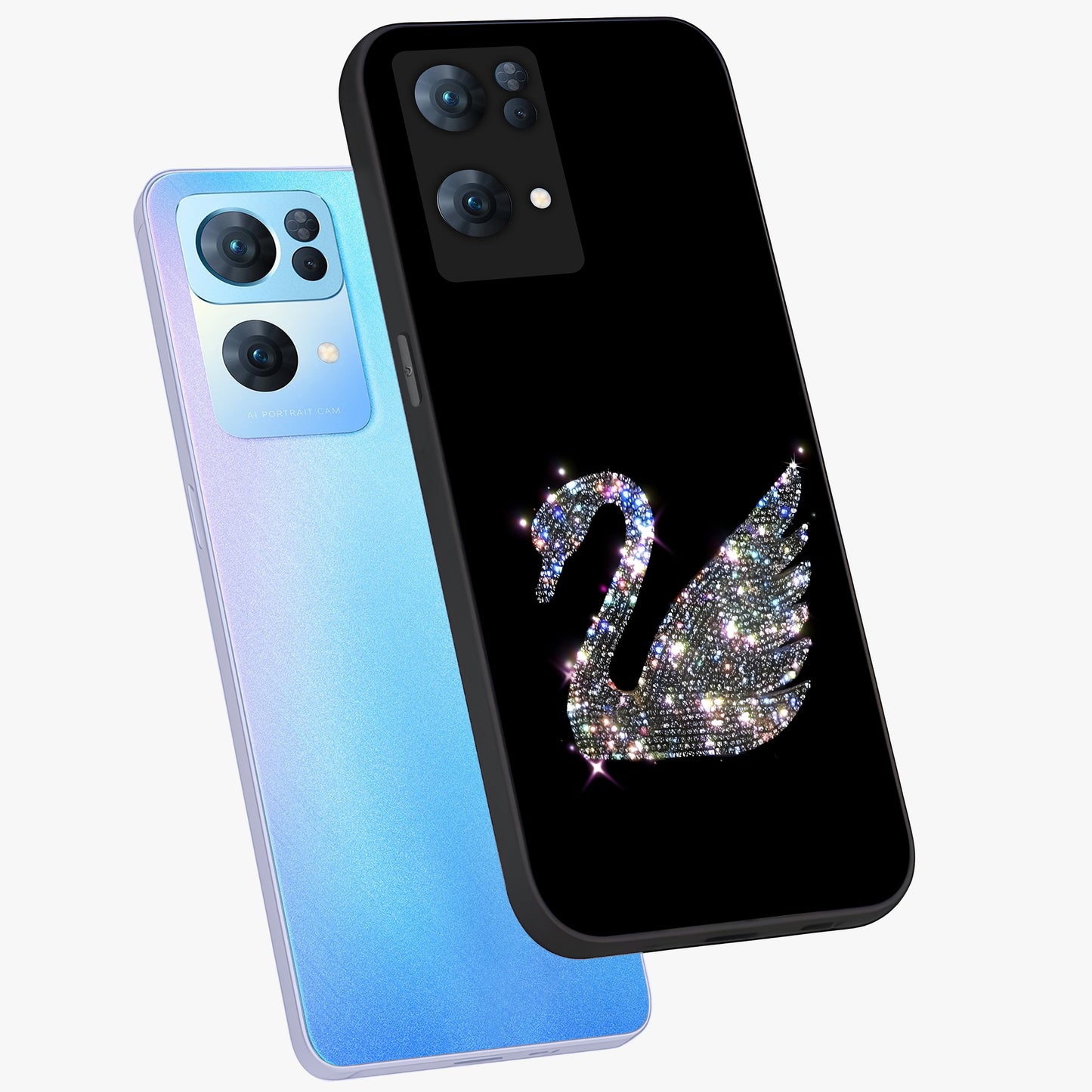 Starlit Swan Grace Glass Case displayed in angled mockup highlighting elegant swan illustration with dreamy celestial aesthetic.