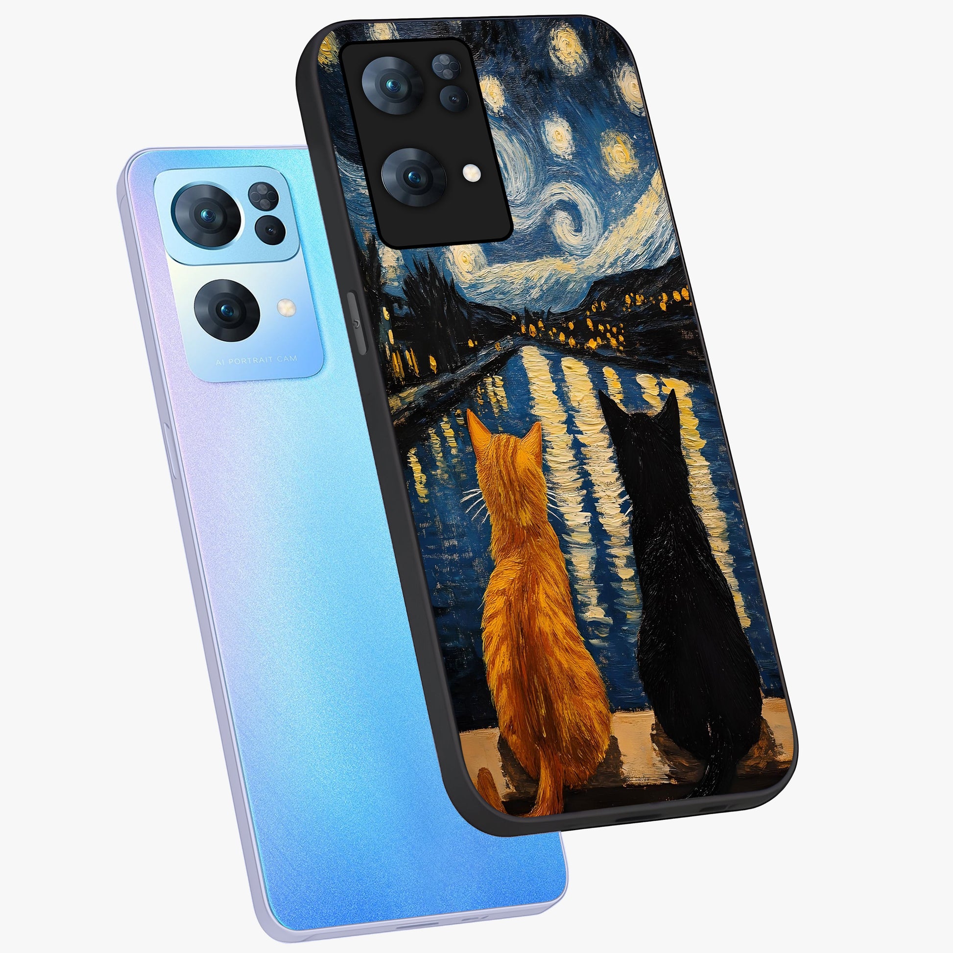 Starry River Cats Glass Case displayed in angled mockup highlighting charming feline illustration with dreamy night aesthetic.