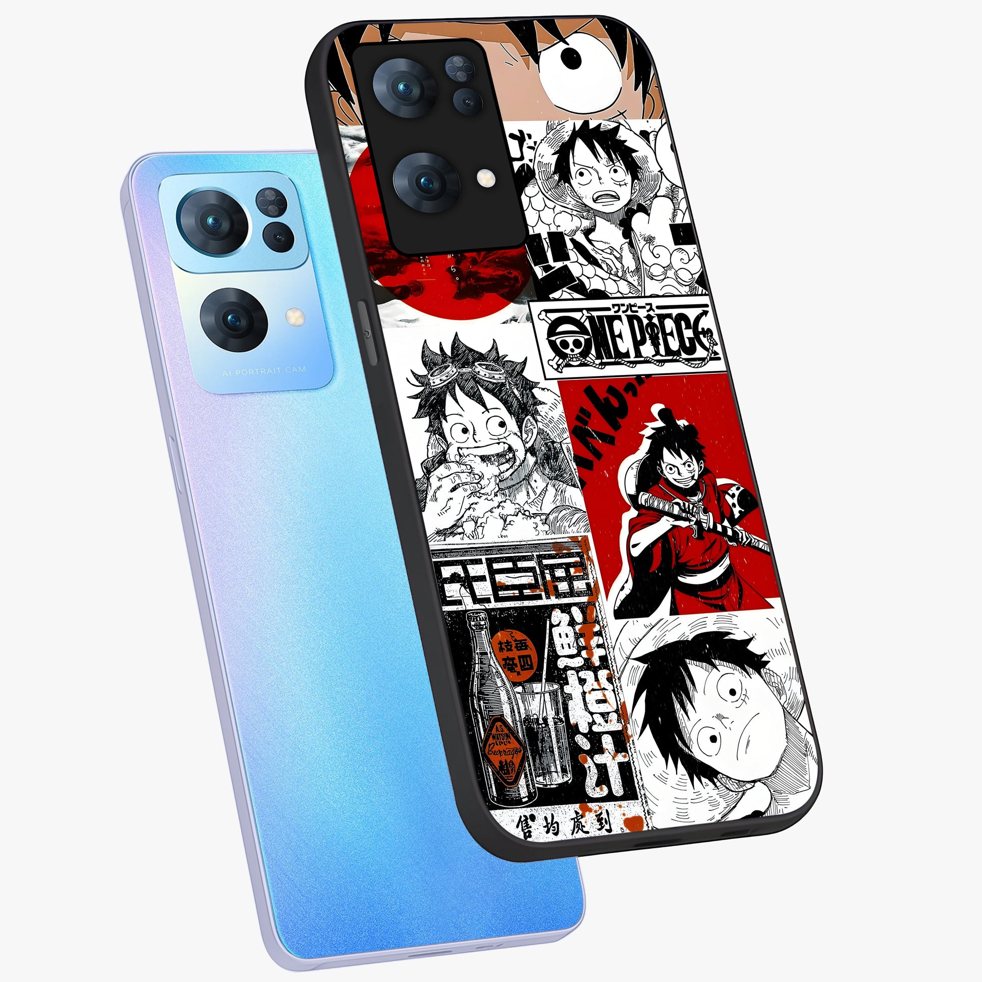Strawhat Chaos Panels Glass Case displayed in angled mockup highlighting vibrant anime collage design with action aesthetic.