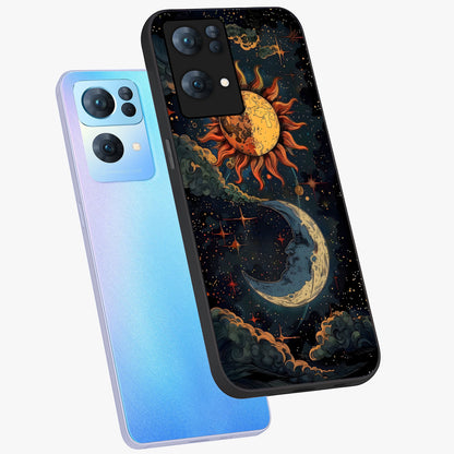 Sun And Moon Magic Design Glass Case displayed in angled mockup highlighting celestial design with magical cosmic aesthetic.