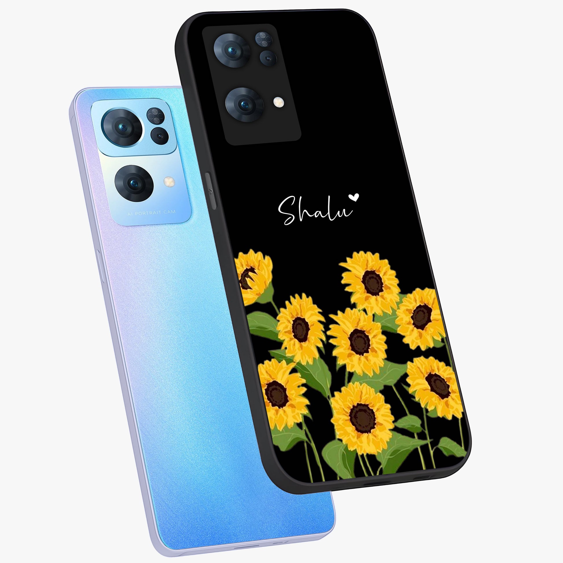 Sunflower Chic Mood Custom Name Glass Case displayed in angled mockup highlighting vibrant sunflower design with custom name feature.
