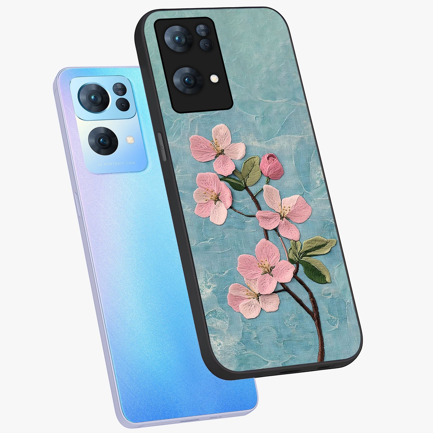 Threaded Blossom Breeze Glass Case displayed in angled mockup highlighting elegant floral design with soft aesthetic style.