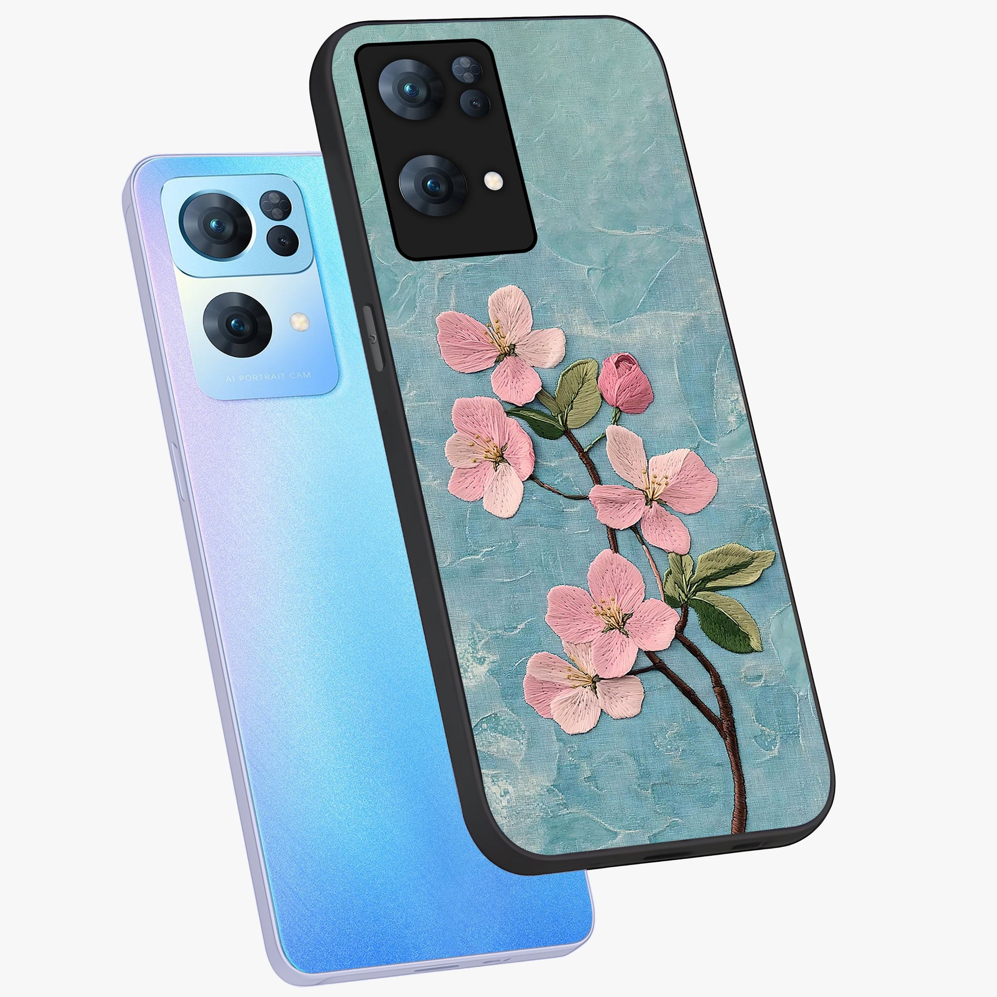 Threaded Blossom Breeze Glass Case displayed in angled mockup highlighting elegant floral design with soft aesthetic style.