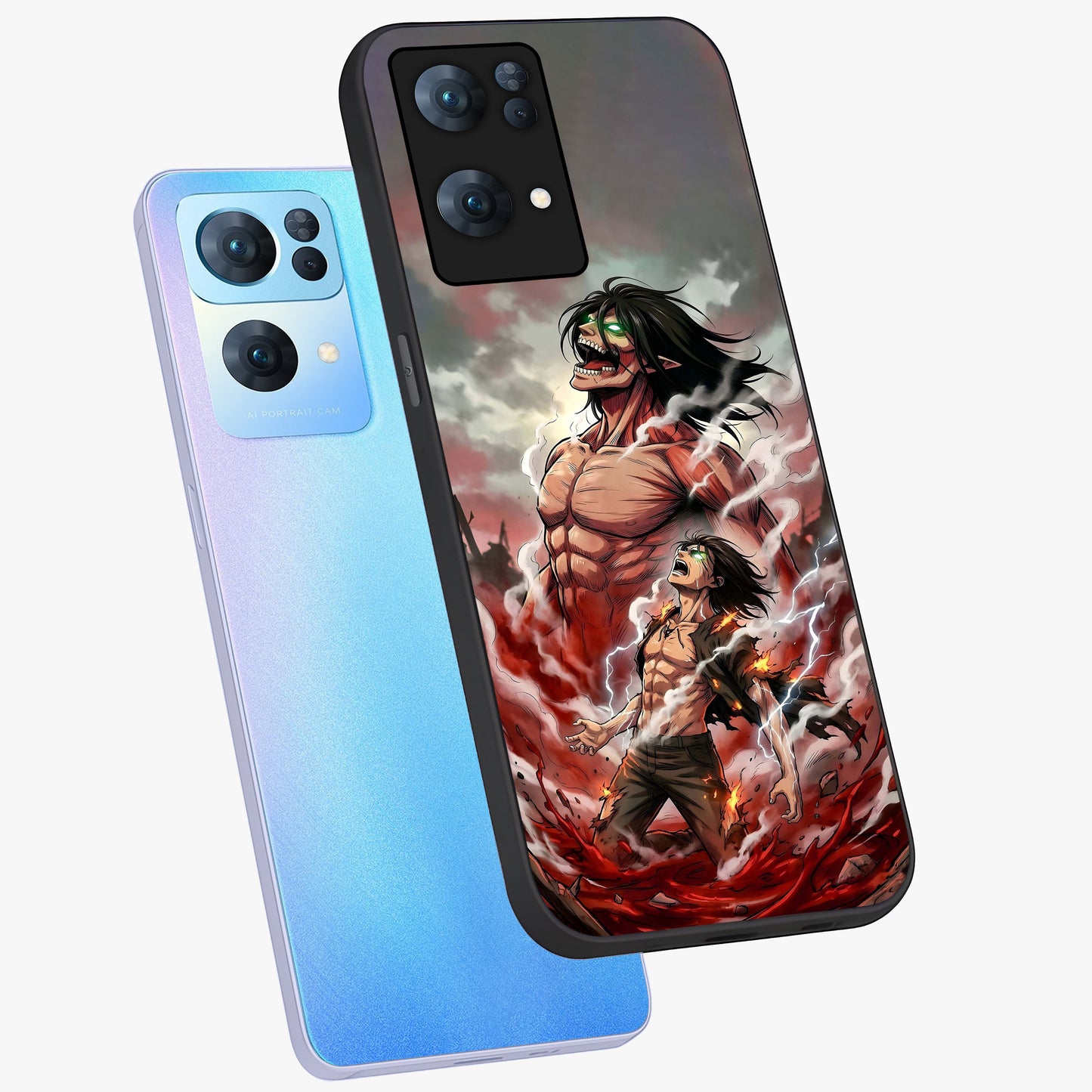 Titan Awakening Fury Glass Case displayed in angled mockup highlighting dramatic giant warrior design with bold anime aesthetic.