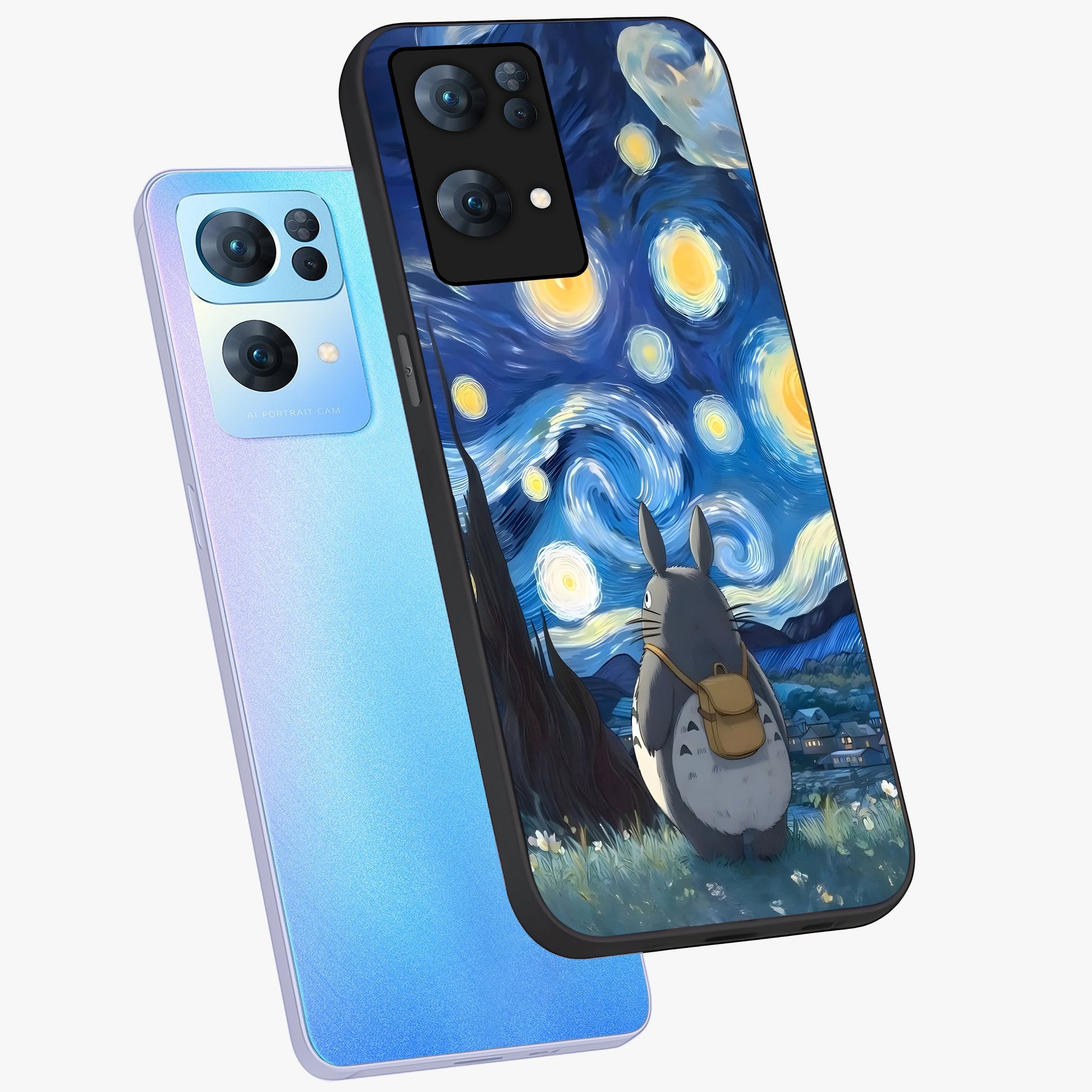Totoro In Van Gogh Art Glass Case displayed in angled mockup highlighting artistic swirling sky design with playful animation aesthetic.