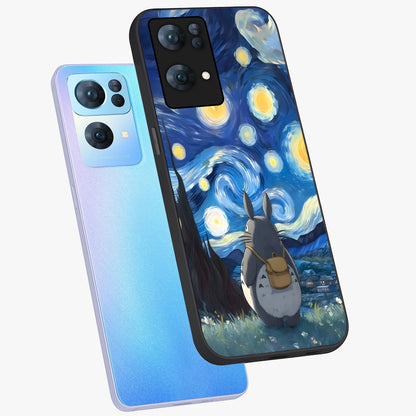 Totoro In Van Gogh Art Glass Case displayed in angled mockup highlighting artistic swirling sky design with playful animation aesthetic.