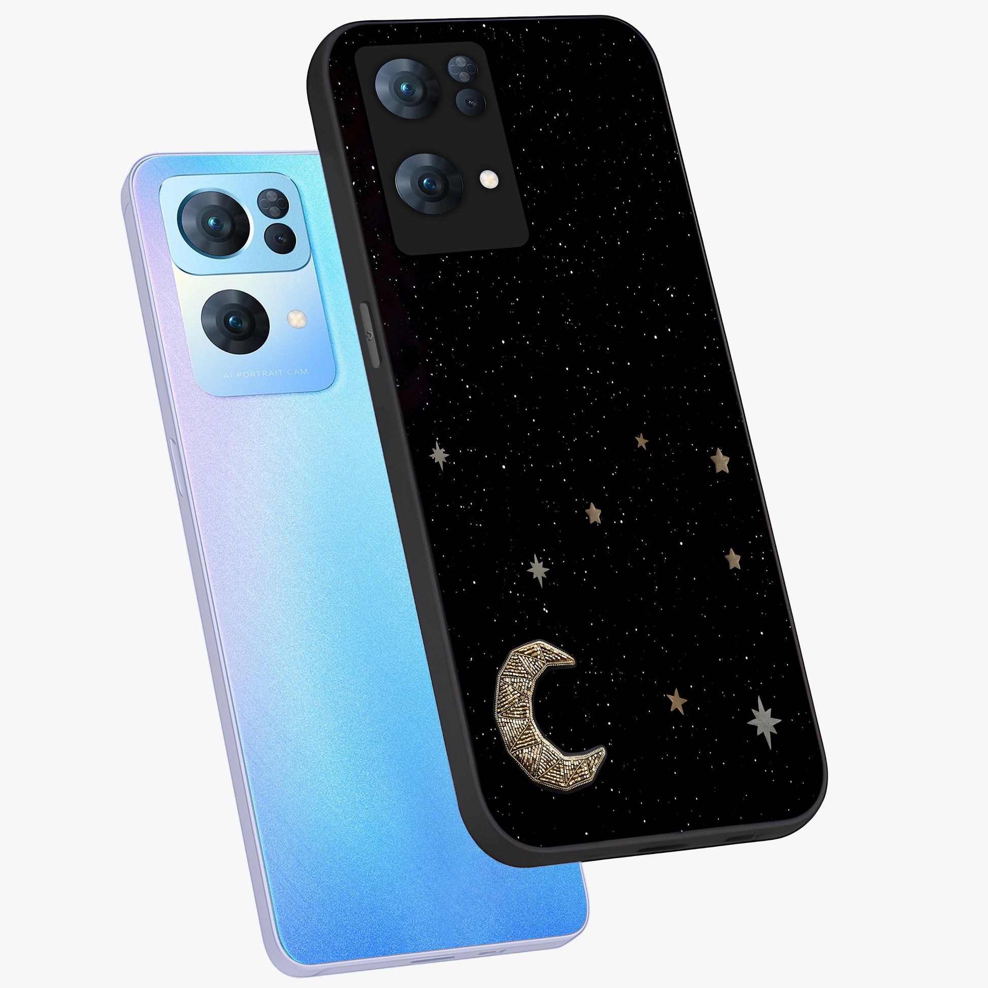 Twinkle Star With Half Moon Glass Case displayed in angled mockup highlighting celestial moon and star design with magical aesthetic.