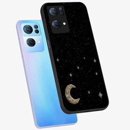 Twinkle Star With Half Moon Glass Case displayed in angled mockup highlighting celestial moon and star design with magical aesthetic.