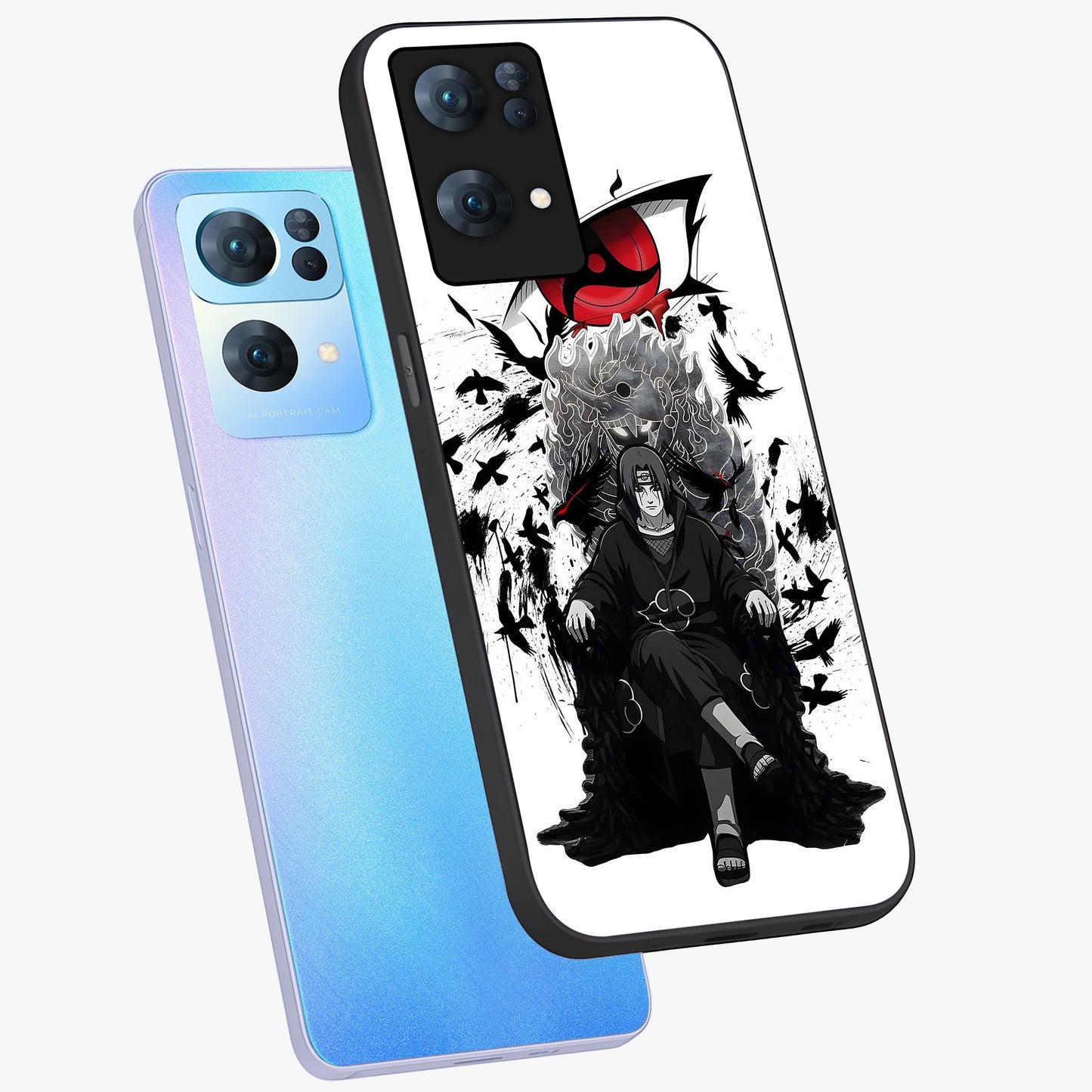 Uchiha Shadow Throne Glass Case displayed in angled mockup highlighting glowing aquatic design with celestial aesthetic.