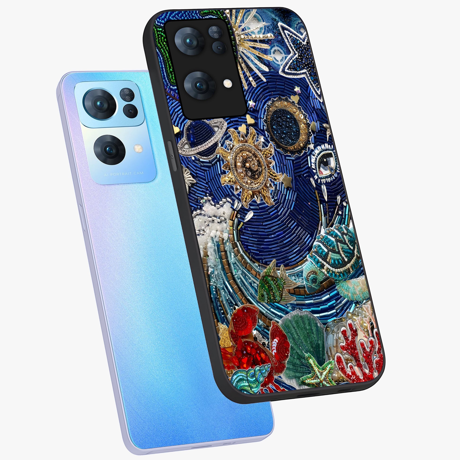 Universe Underwater Spark Glass Case displayed in angled mockup highlighting glowing aquatic design with celestial aesthetic.