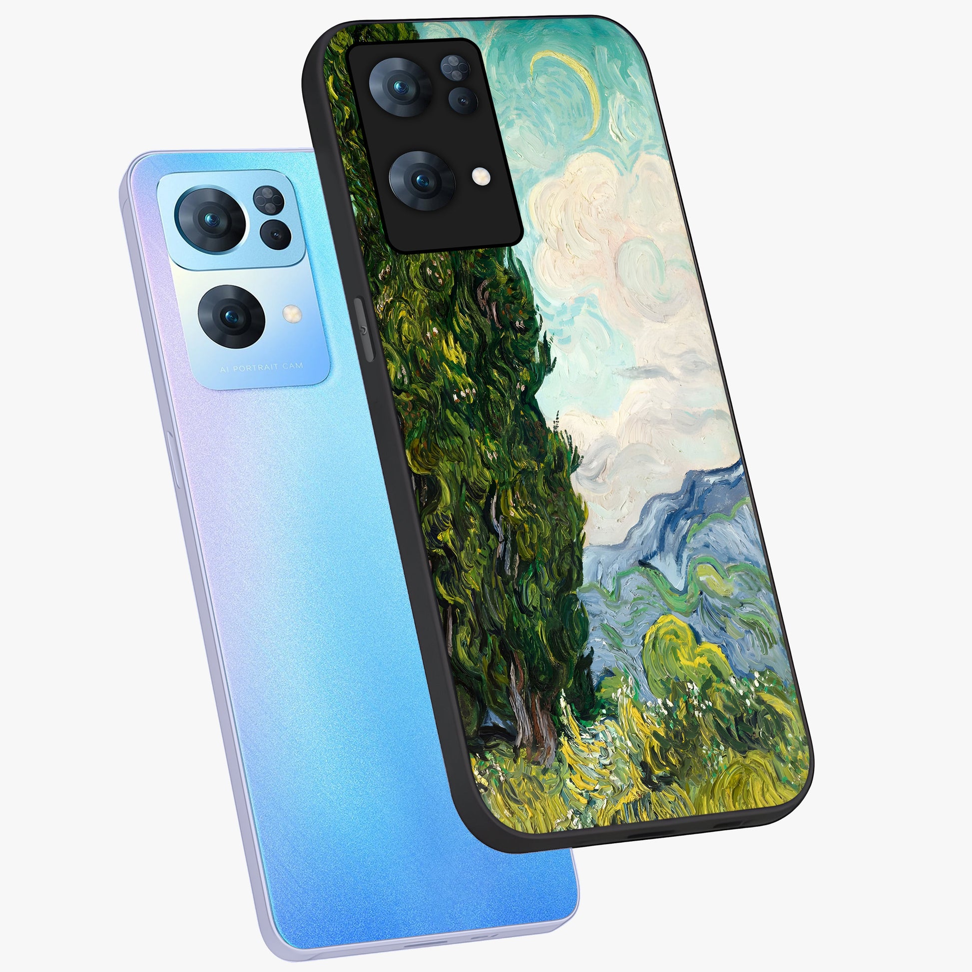 Van Gogh Vintage Art Glass Case displayed in angled mockup highlighting textured brushstroke design with classic aesthetic.