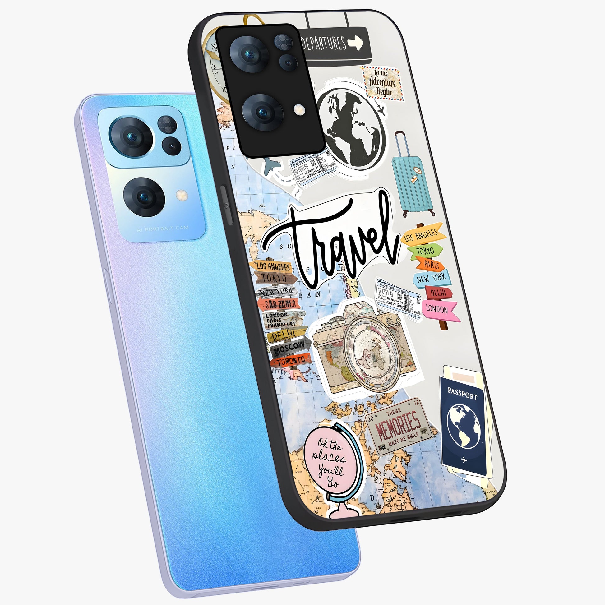 Wanderlust Journal Glass Case displayed in angled mockup highlighting adventure themed design with aesthetic travel vibe.