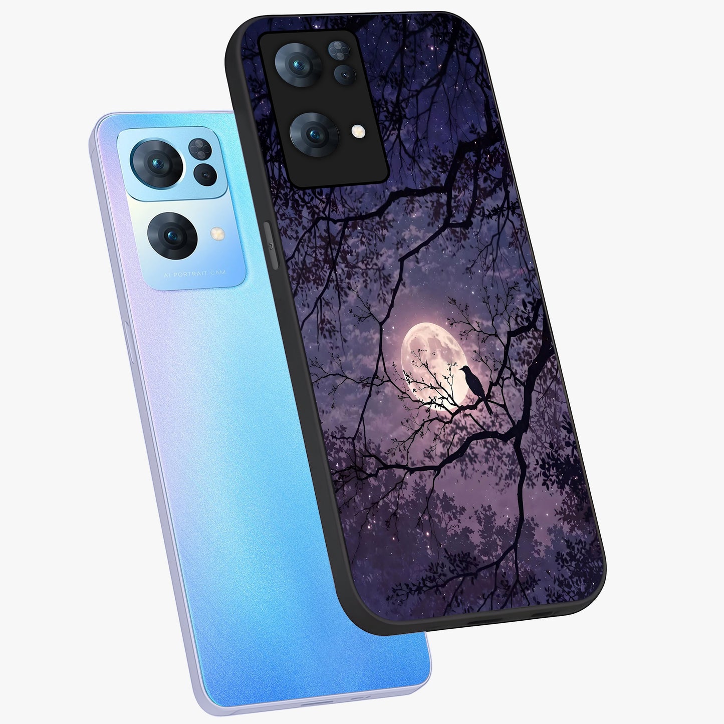 Whispering Moon Silence Glass Case displayed in angled mockup highlighting calm lunar design with dreamy night aesthetic.