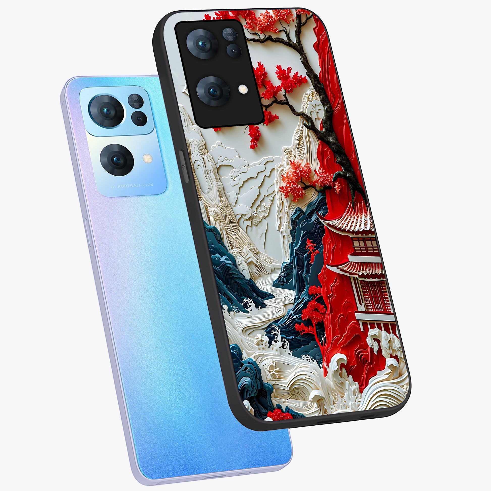 Whispers Of Sakura Waves Glass Case displayed in angled mockup highlighting flowing sakura design with soft floral aesthetic.