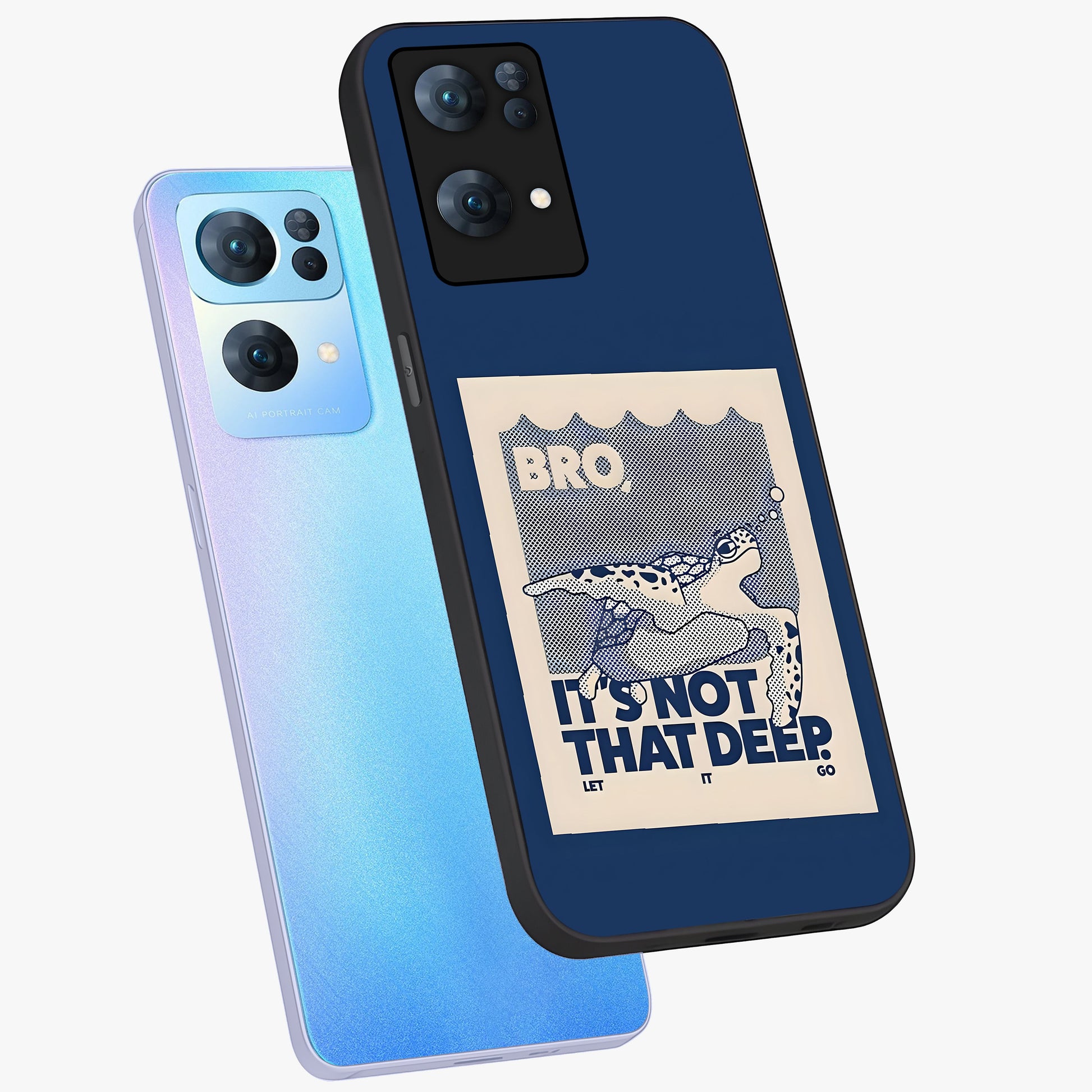 Worry Less Swim Glass Case displayed in angled mockup highlighting fun typography design with relaxed aesthetic style.